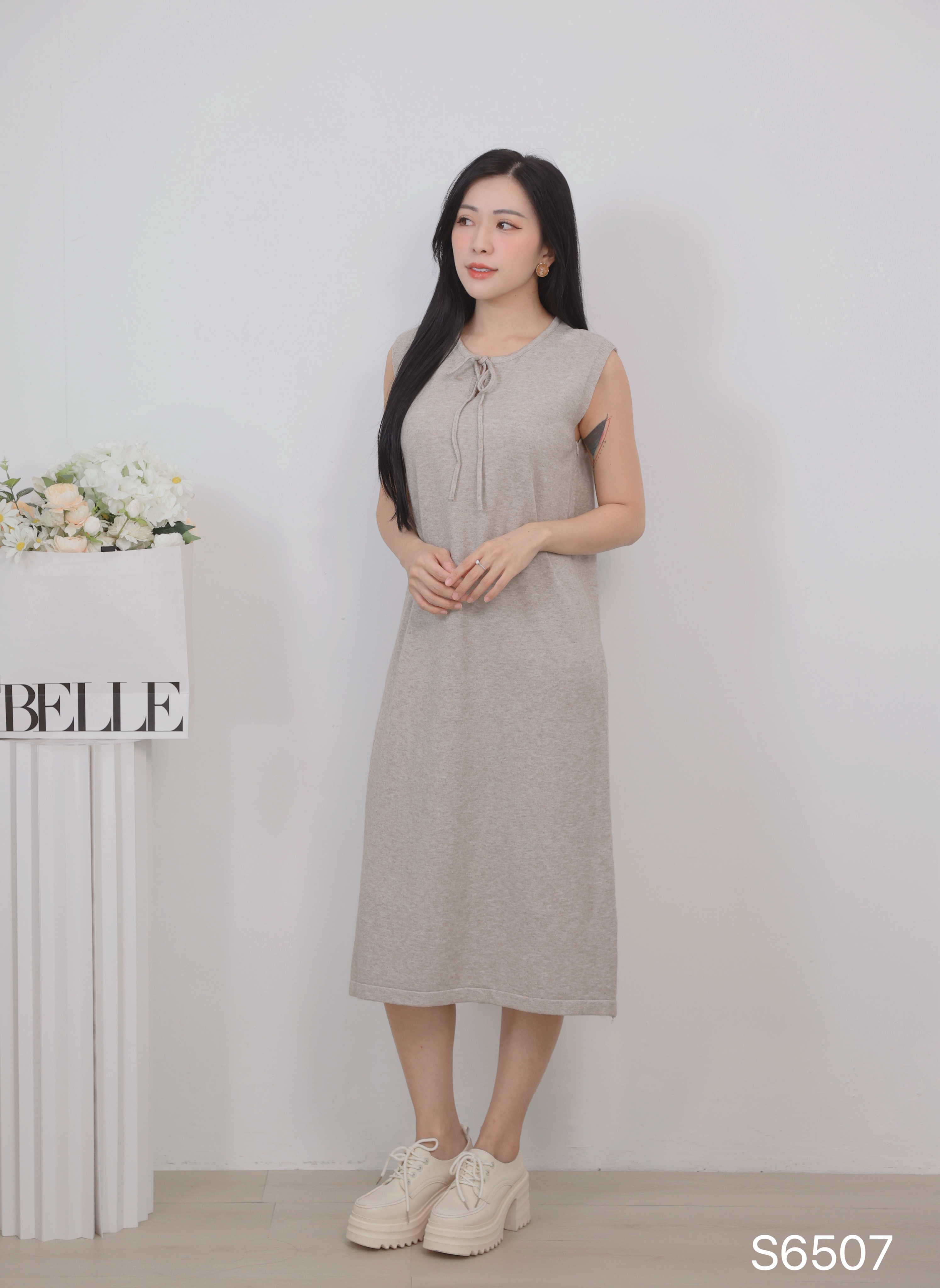 韩系领口系带设计无袖连身裙 (S6507)
