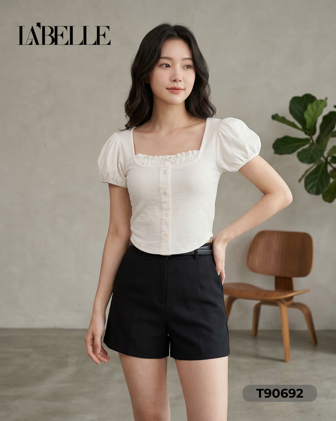 时尚洋气方领假两件泡泡袖上衣 (T90692)