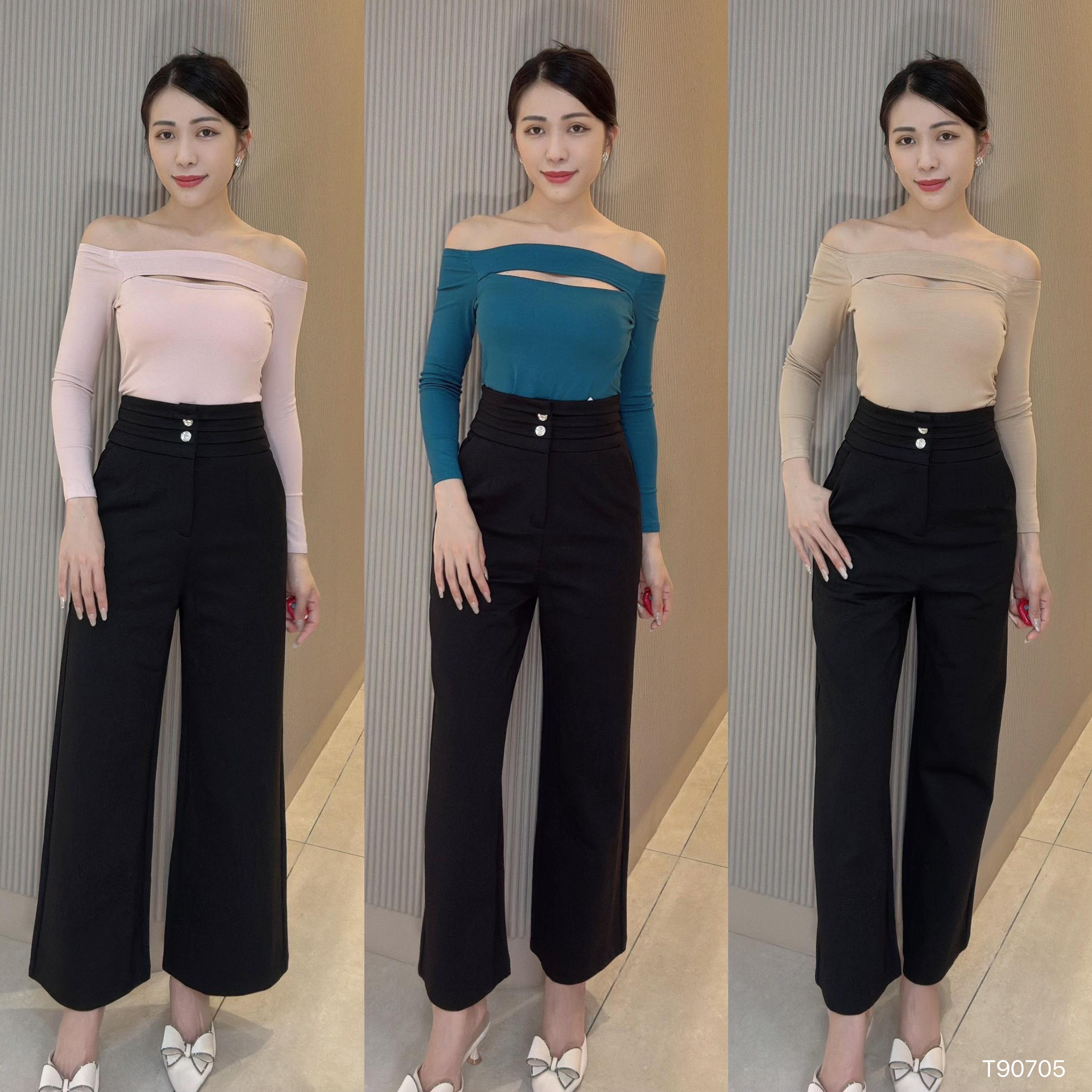 性感一字领镂空设计长袖上衣 (T90705)