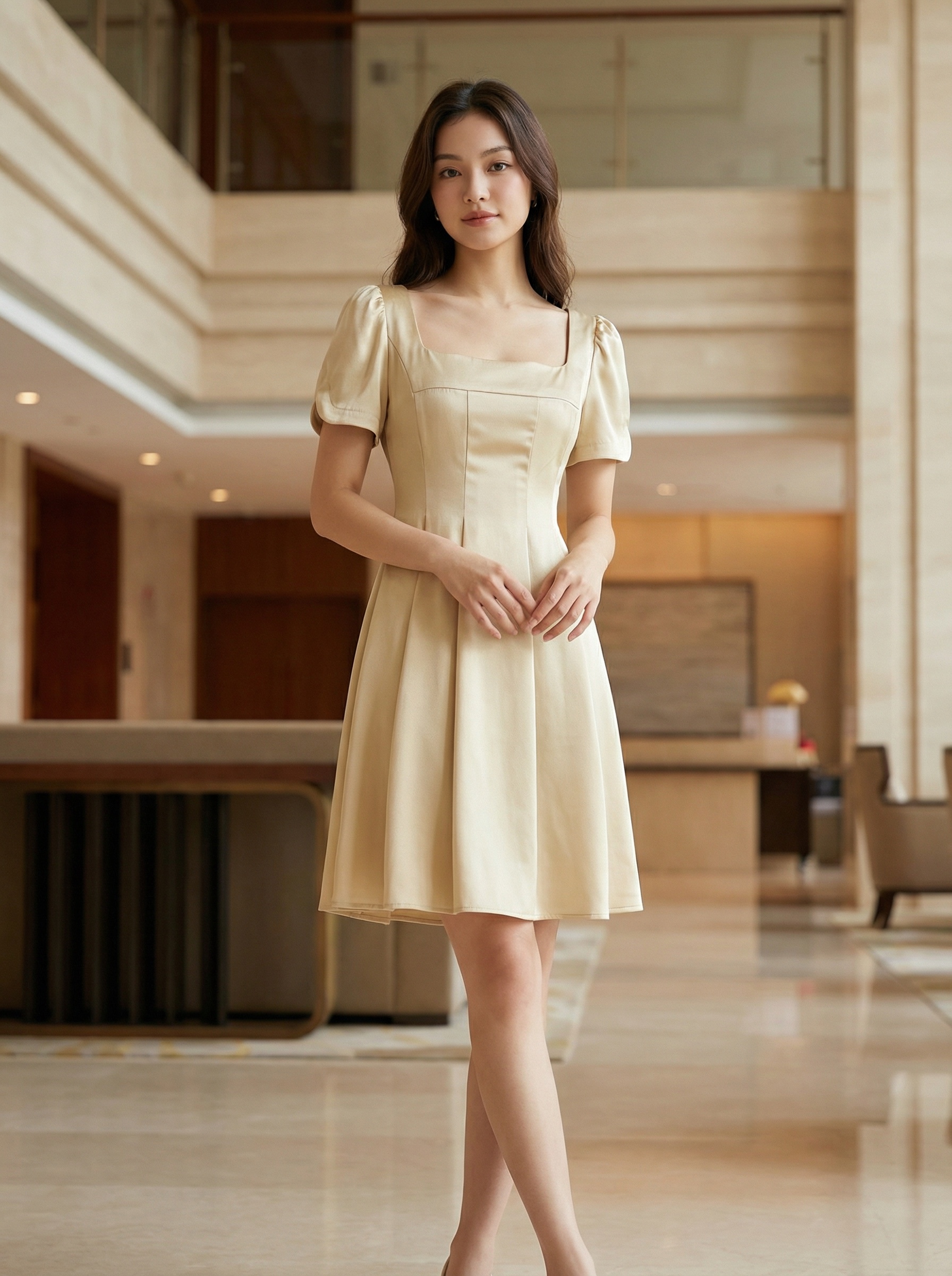 【LBP独家】法式方领泡泡袖设计连身裙 (ST21601)