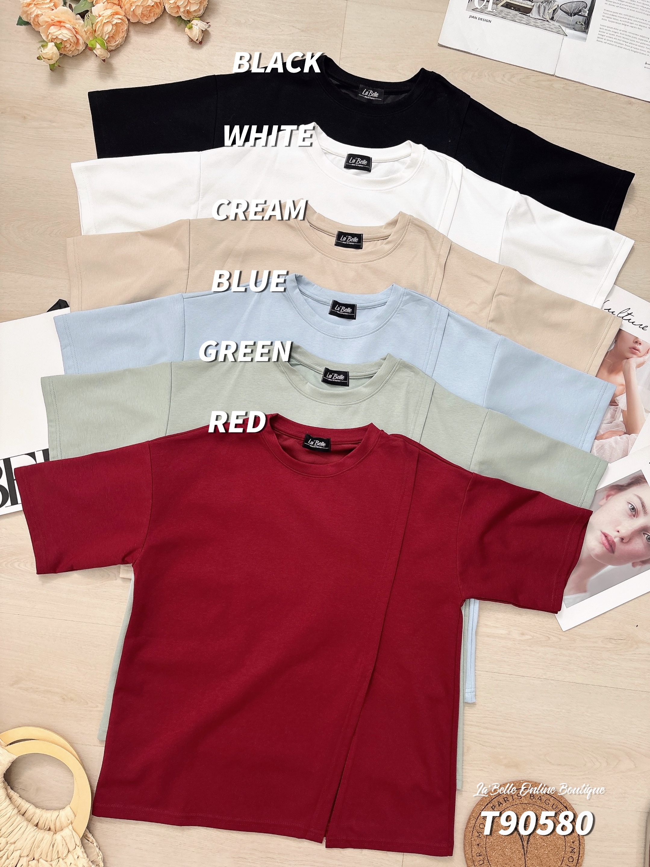 百搭不规则开叉设计宽松T恤 (T90580)