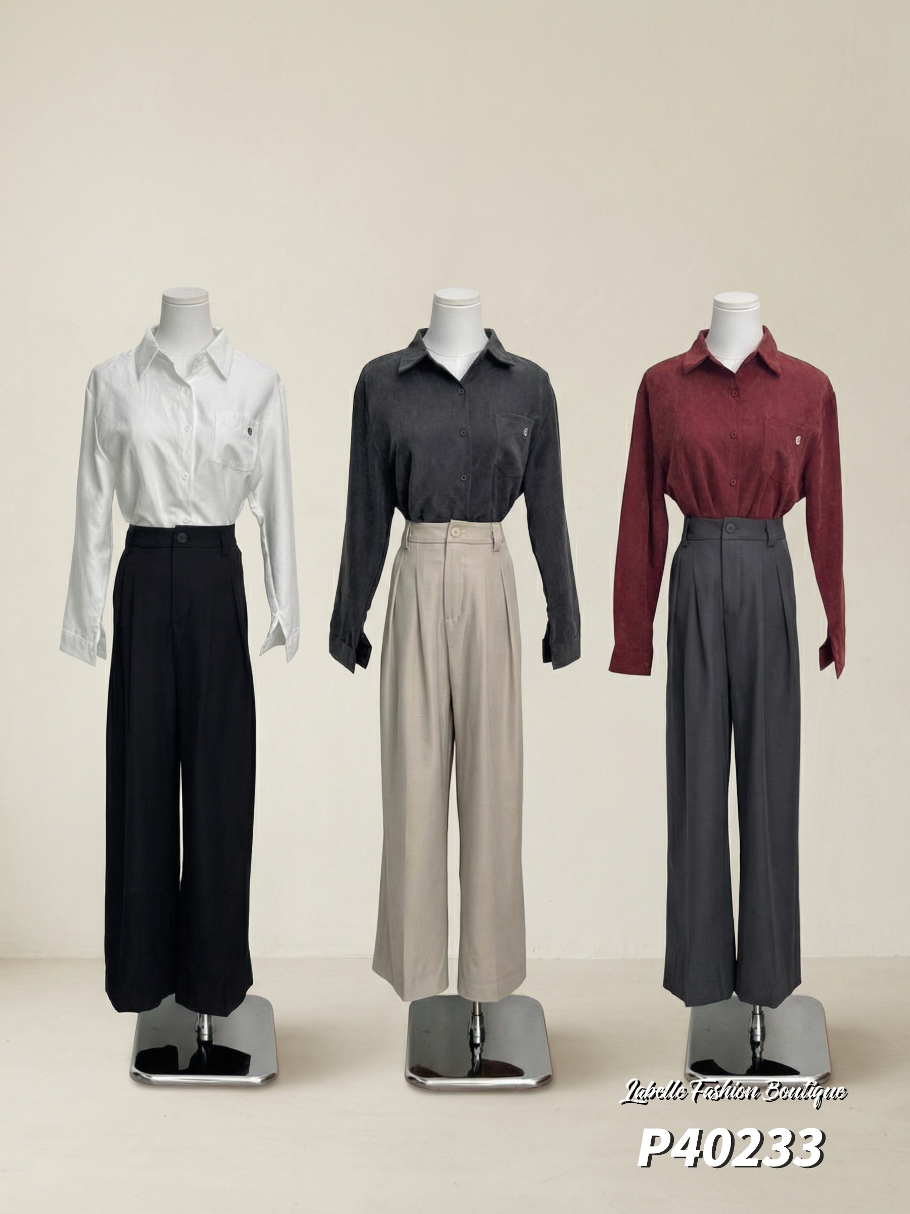  百搭压褶设计宽松直筒高腰长裤 (P40233)