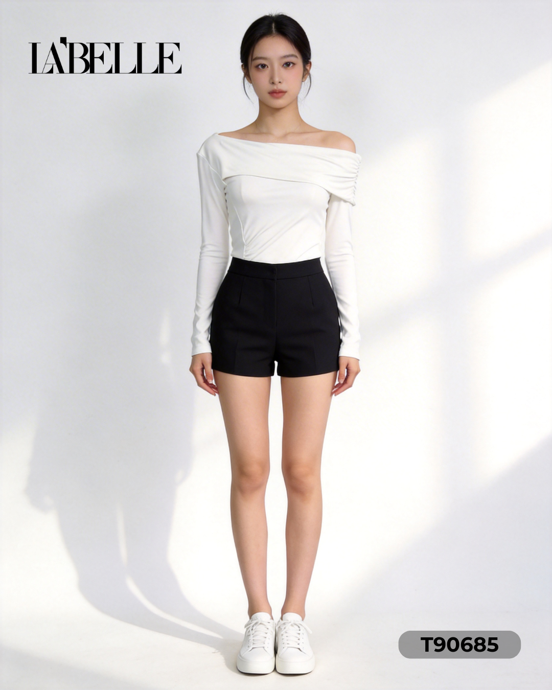 法式斜肩压皱设计长袖上衣 (T90685)