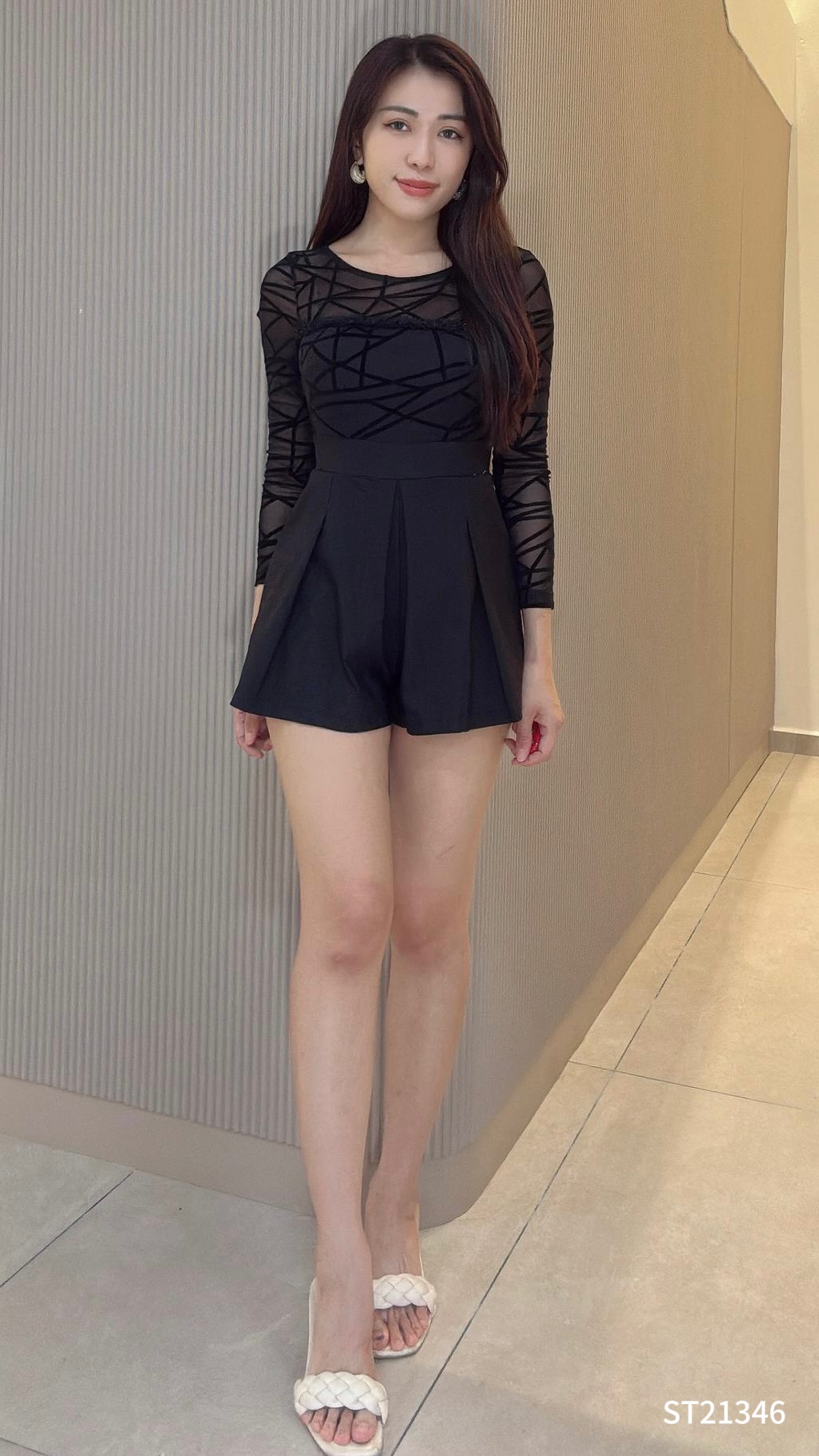 高级感蕾丝拼接长袖连身裤 (ST21346)