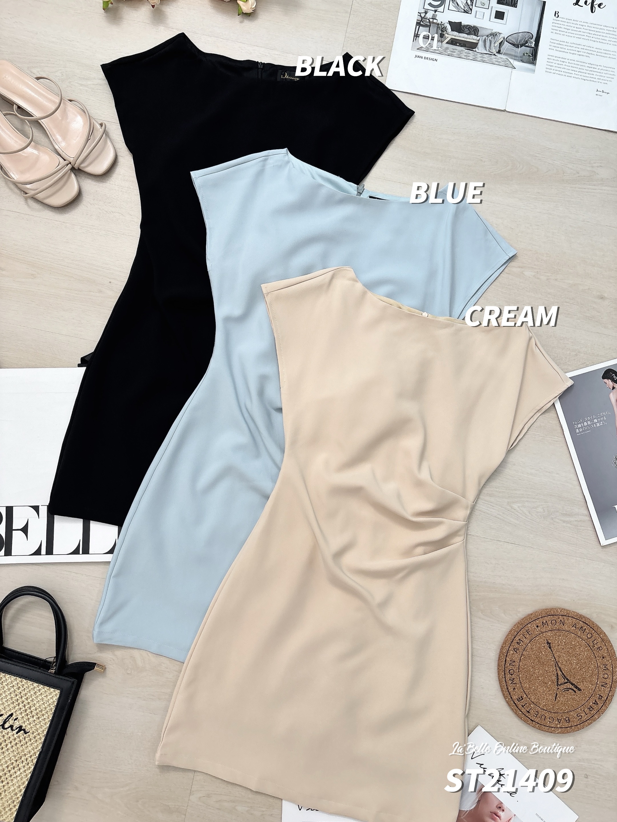 韩系简约修身宽领连身裙 (ST21409)