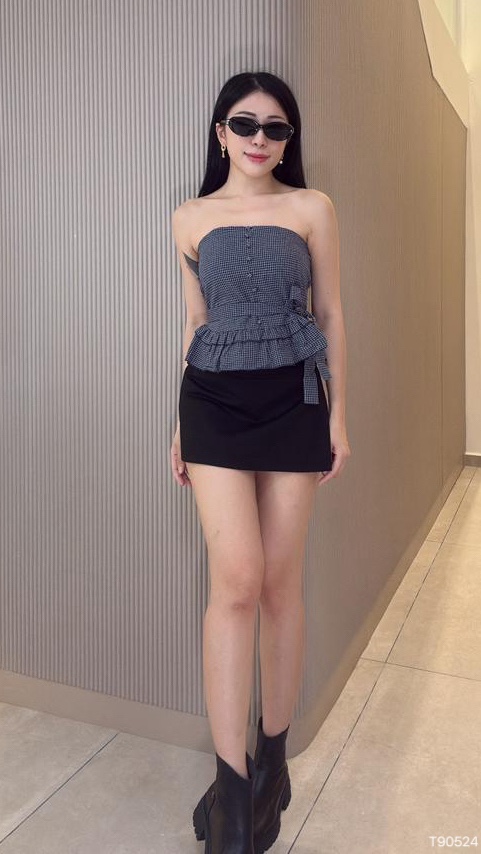 韩系荷叶边格子设计抹胸上衣 (T90524)