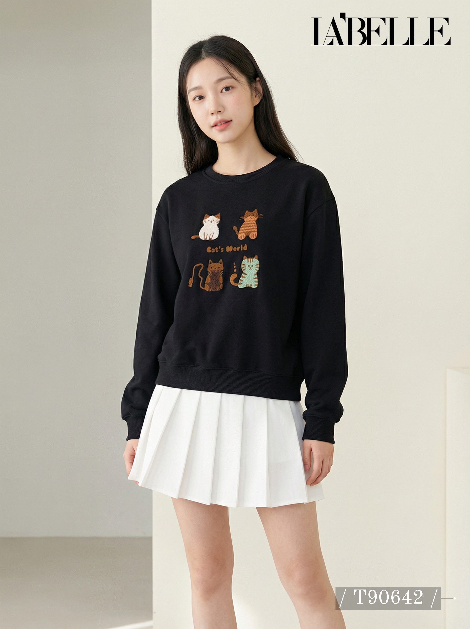 慵懒风猫咪图案圆领长袖卫衣 (T90642)