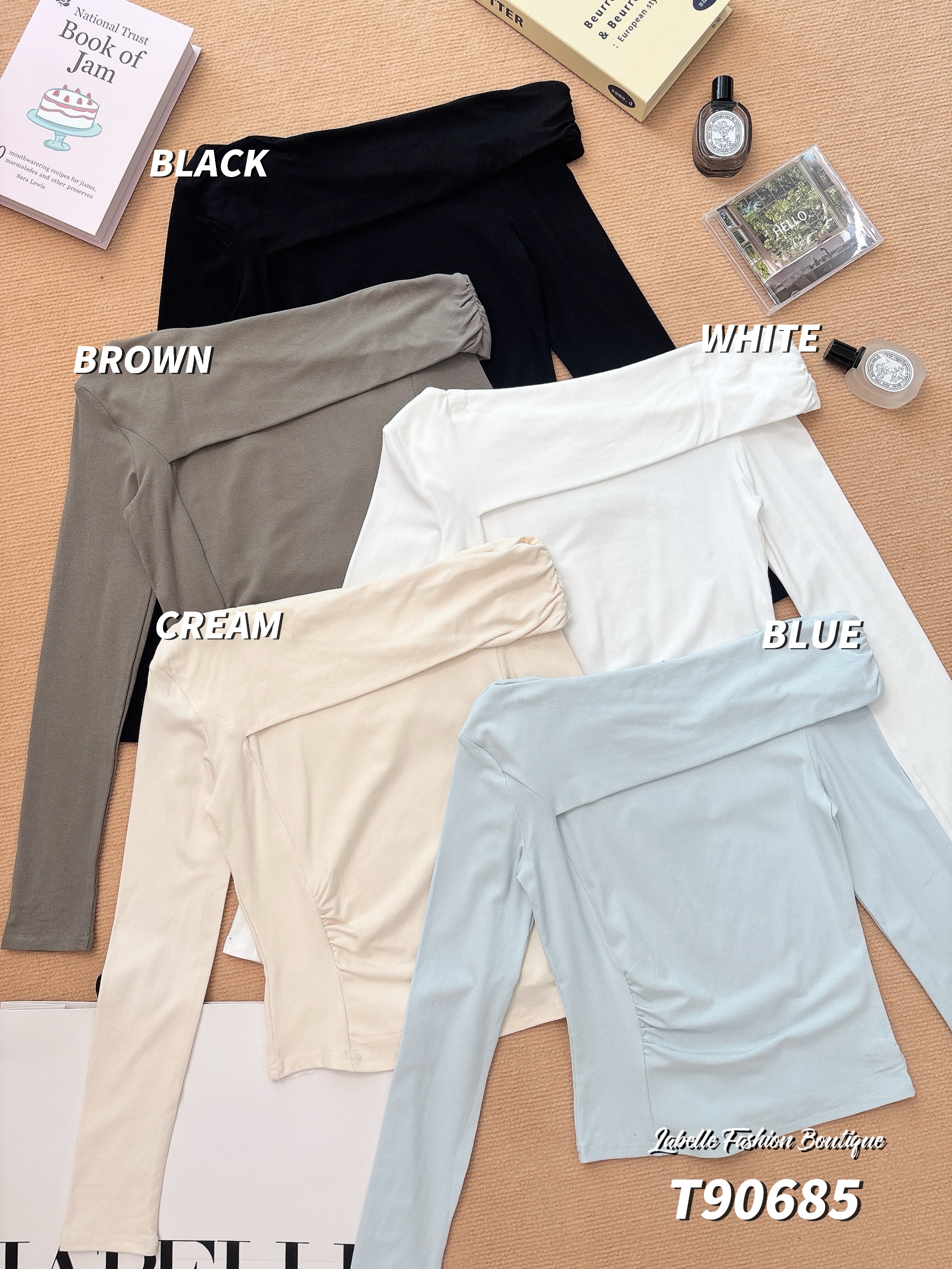 法式斜肩压皱设计长袖上衣 (T90685)