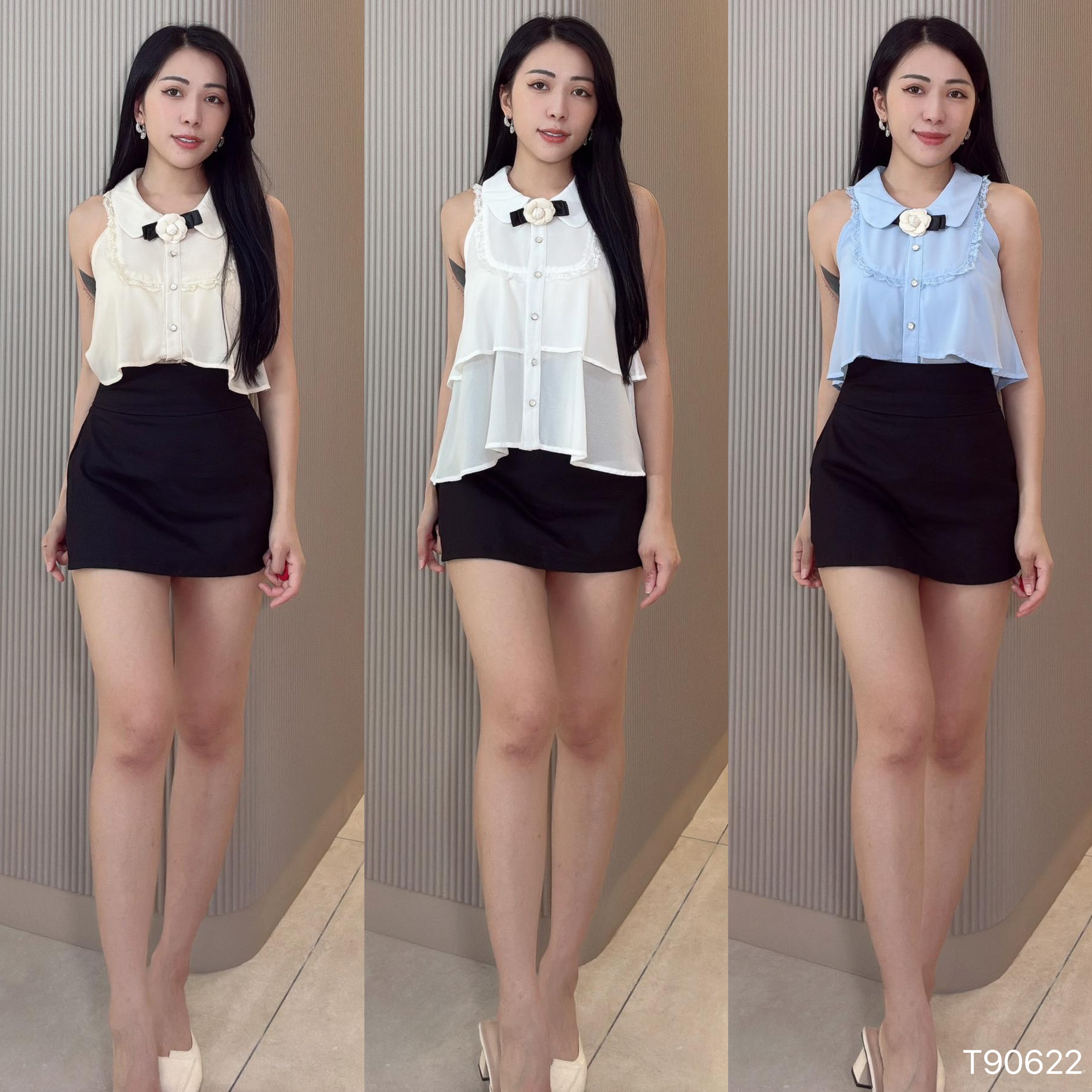 韩系双层蕾丝边设计无袖上衣 (T90622)