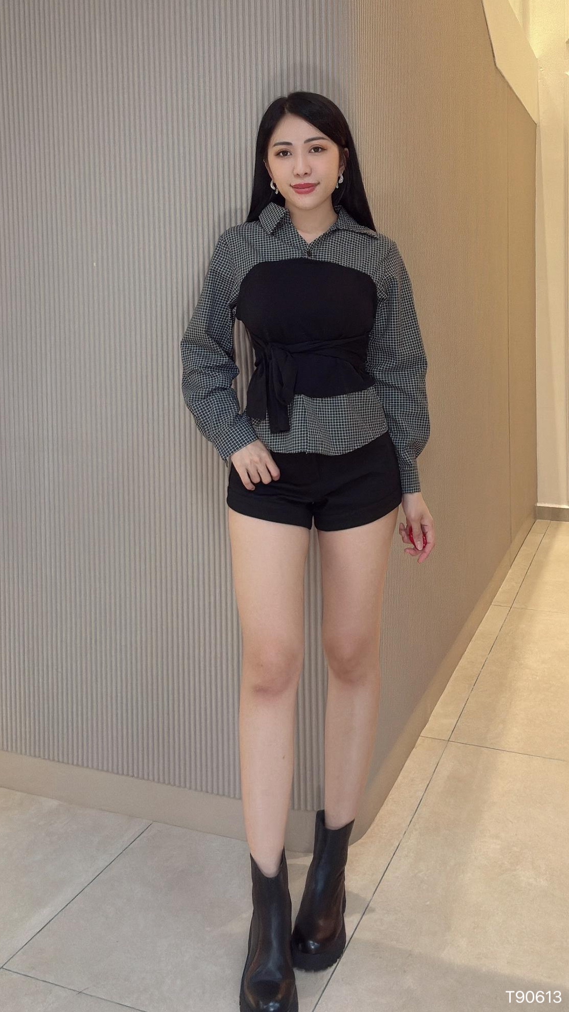 时尚拼接设计修身翻领长袖上衣 (T90613)