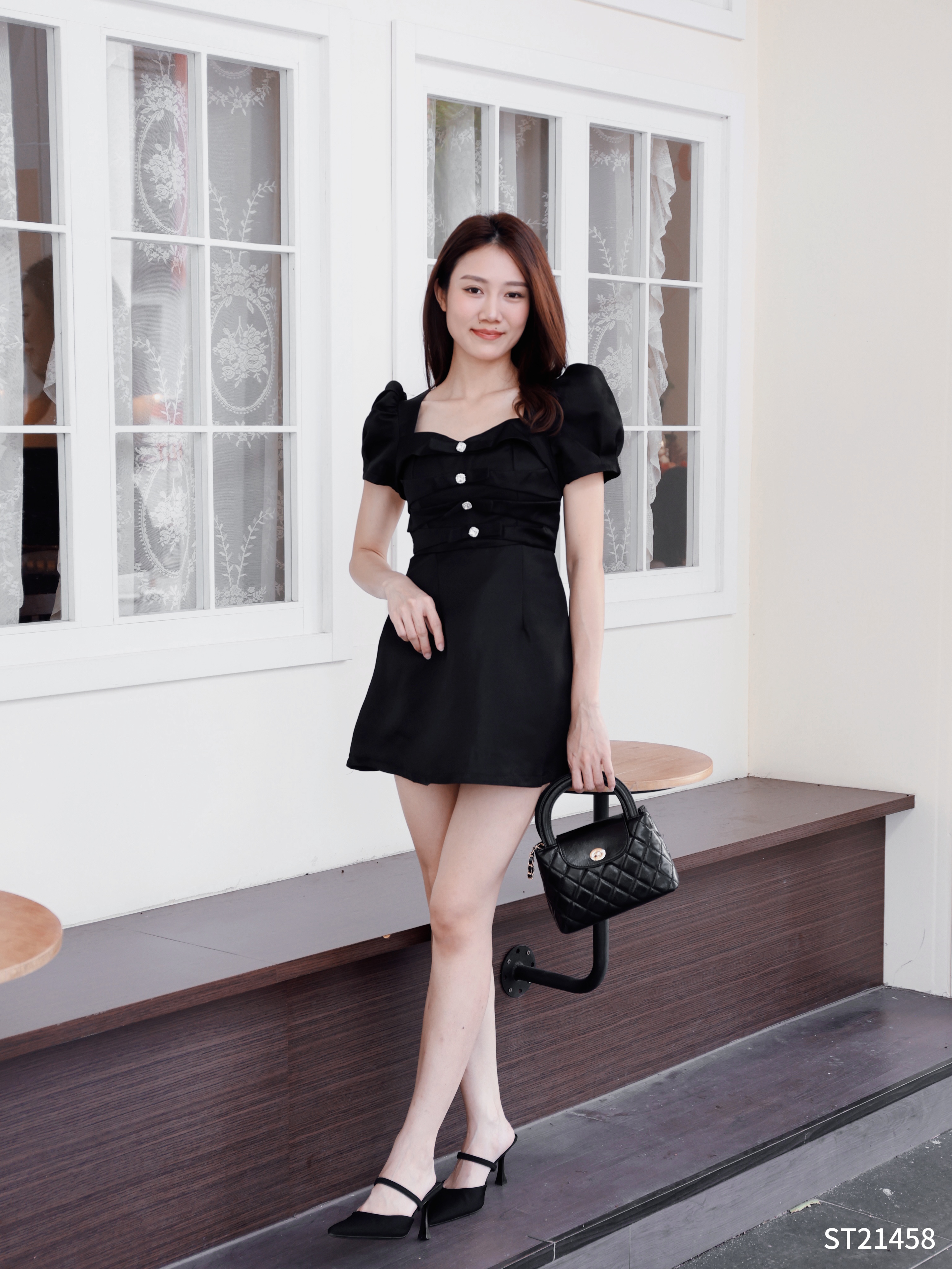 时尚甜美蝴蝶结设计泡泡袖连身裙 (ST21458)