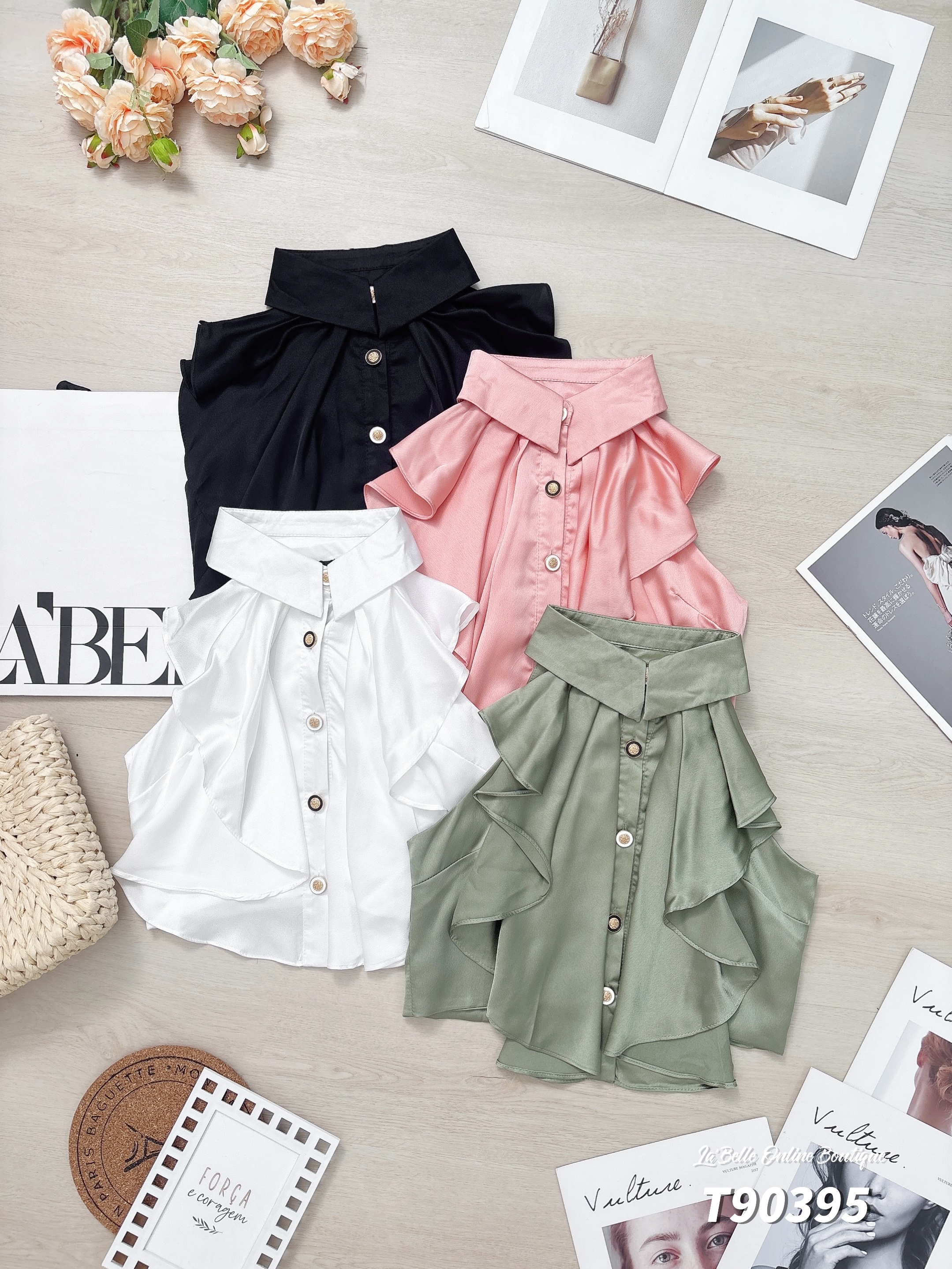 法式无袖荷叶领巾设计上衣 (T90395)