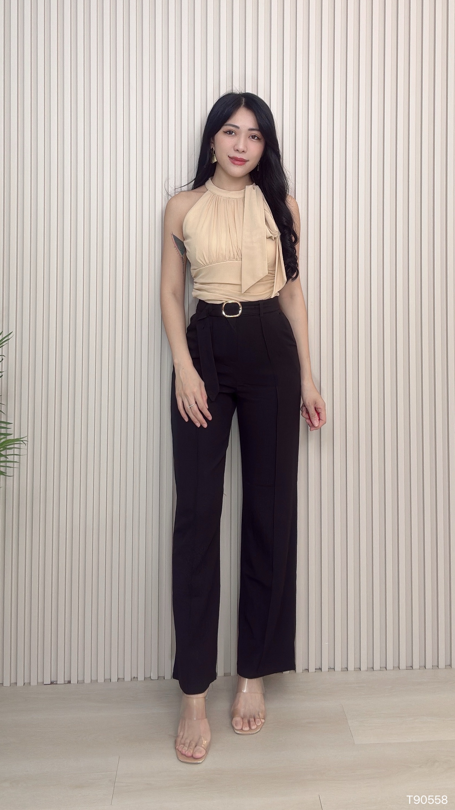 时尚Cut-In蝴蝶结褶皱设计上衣 (T90558)