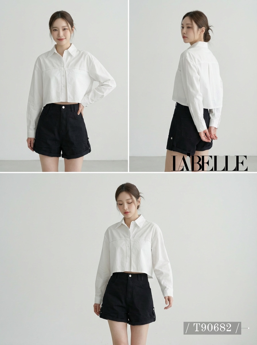 设计感翻领短款长袖衬衫 (T90686)