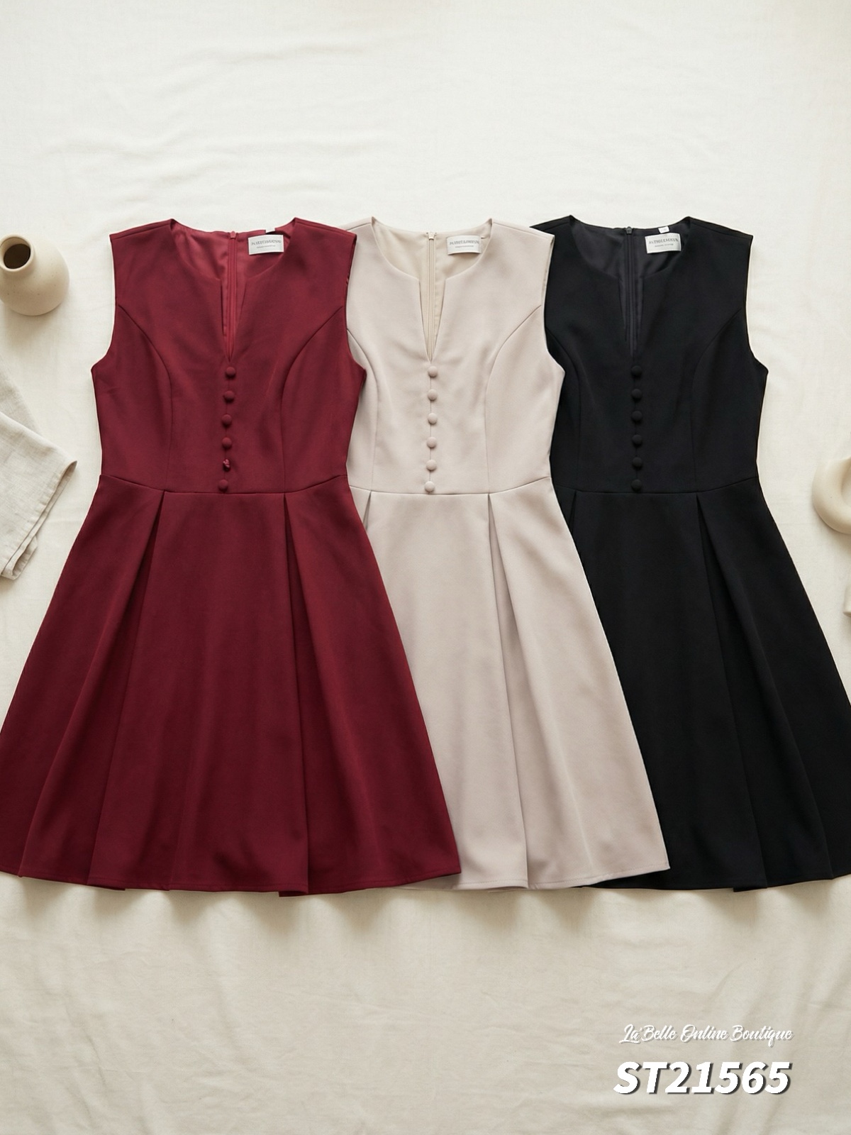 【LBP独家】高端V领假纽扣设计无袖连身裙  (ST21565)