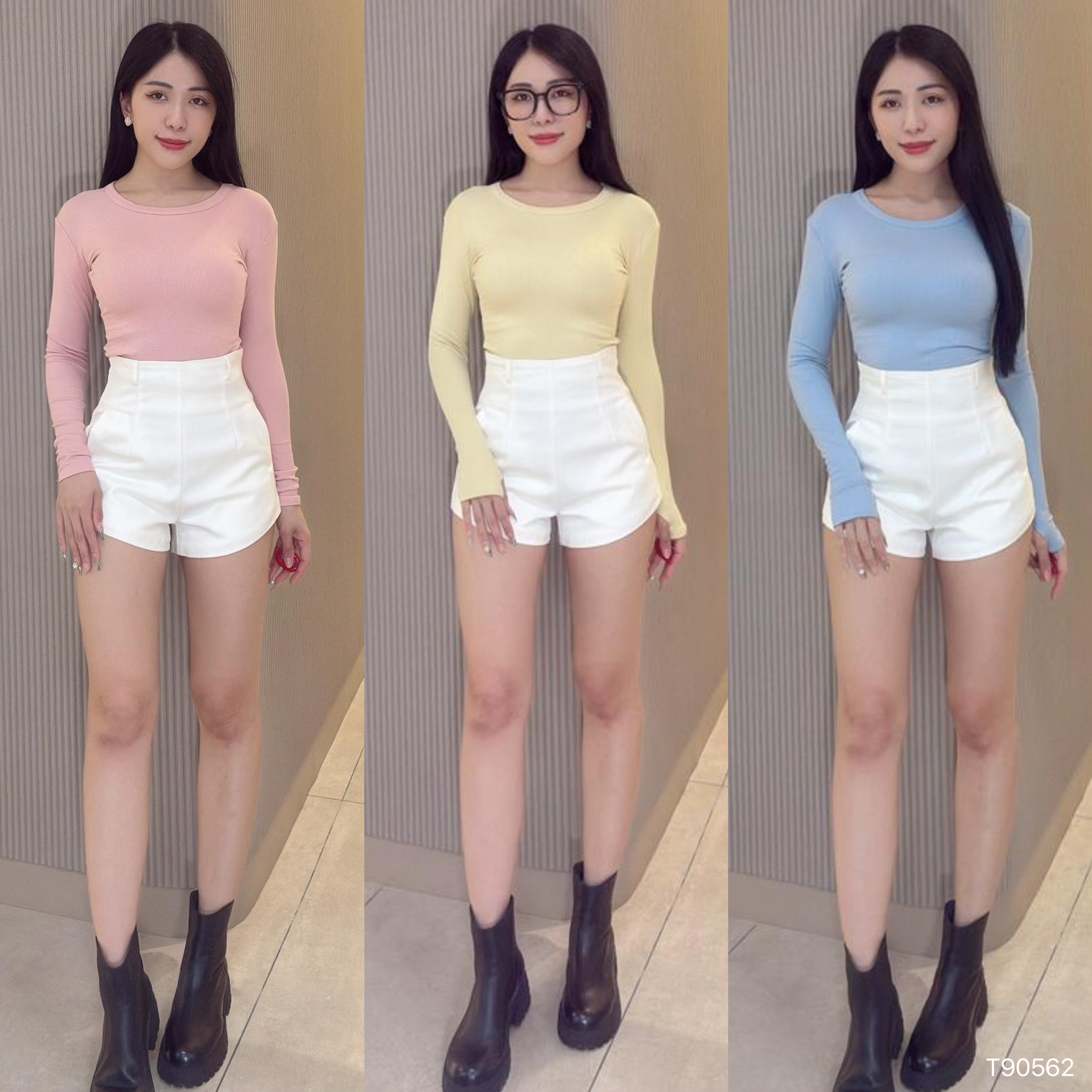 百搭修身圆领长袖上衣 (T90562)