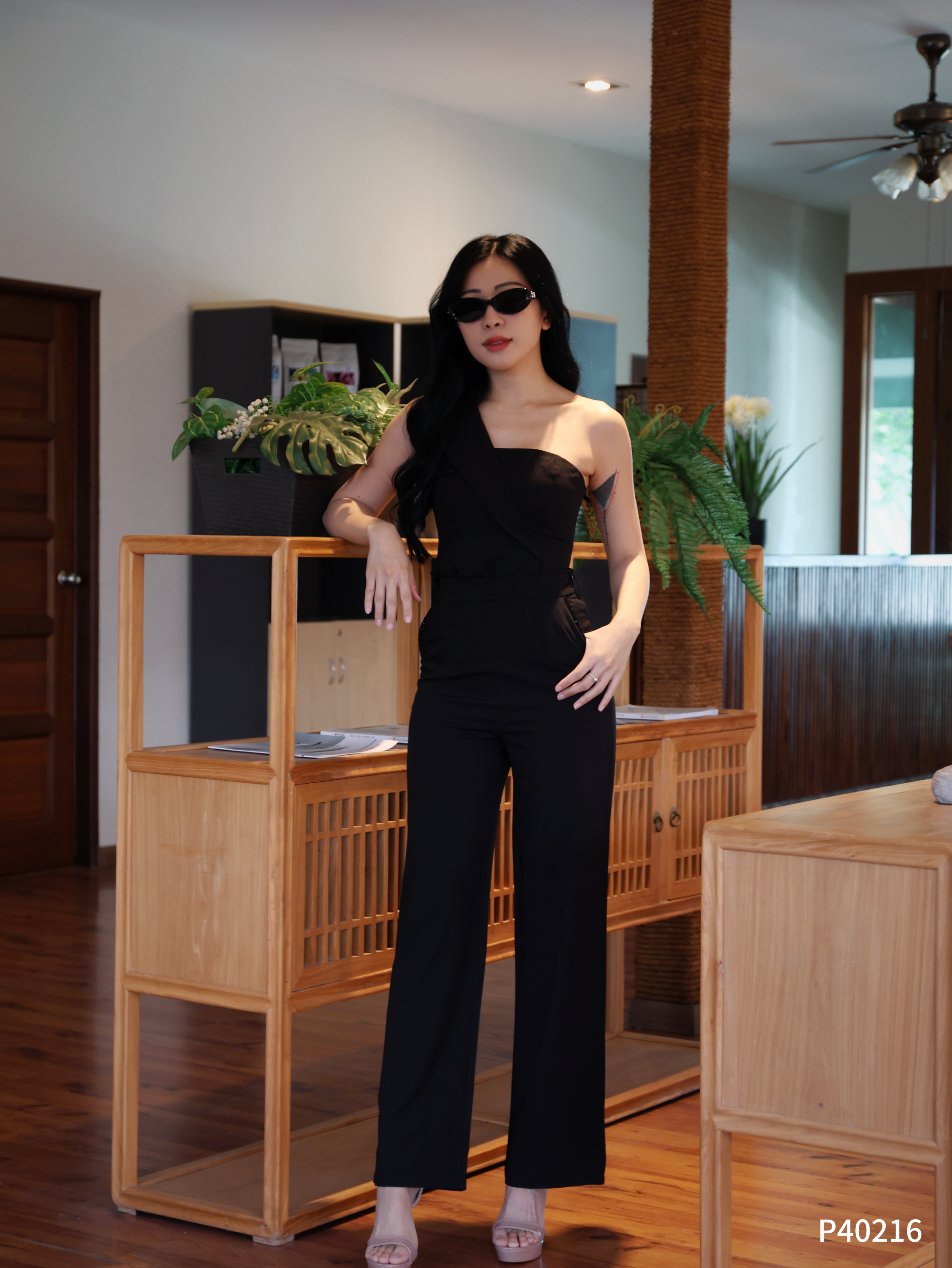 【LATTE NOON】时尚系带明线设计阔腿高腰长裤   (P40216)