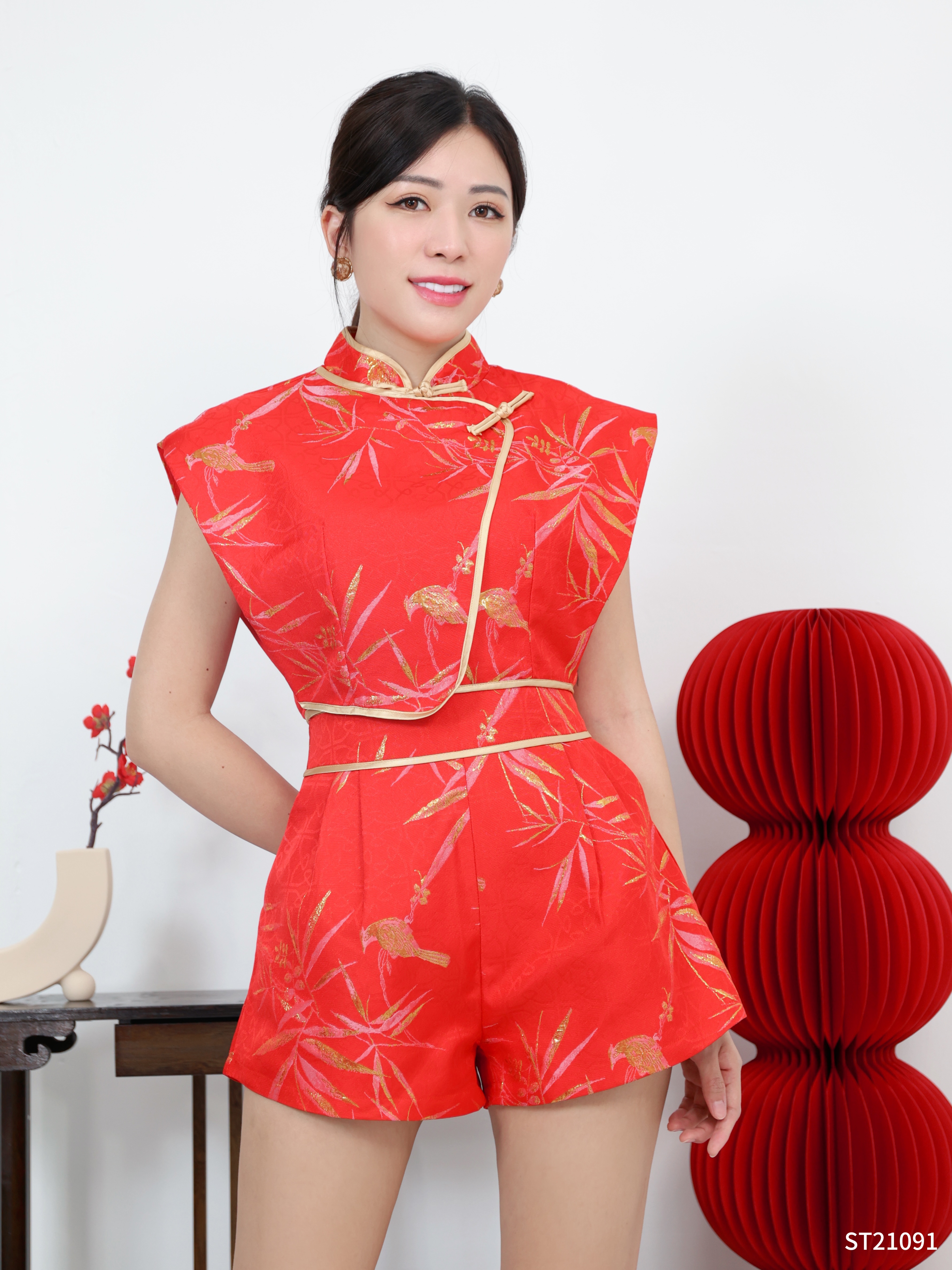 【LBP GXFC 独家新年系列 - 金枝玉叶】改良版唐装竹叶立体提花旗袍两件套 (ST21091)-La'Belle Fashion Boutique Sdn Bhd