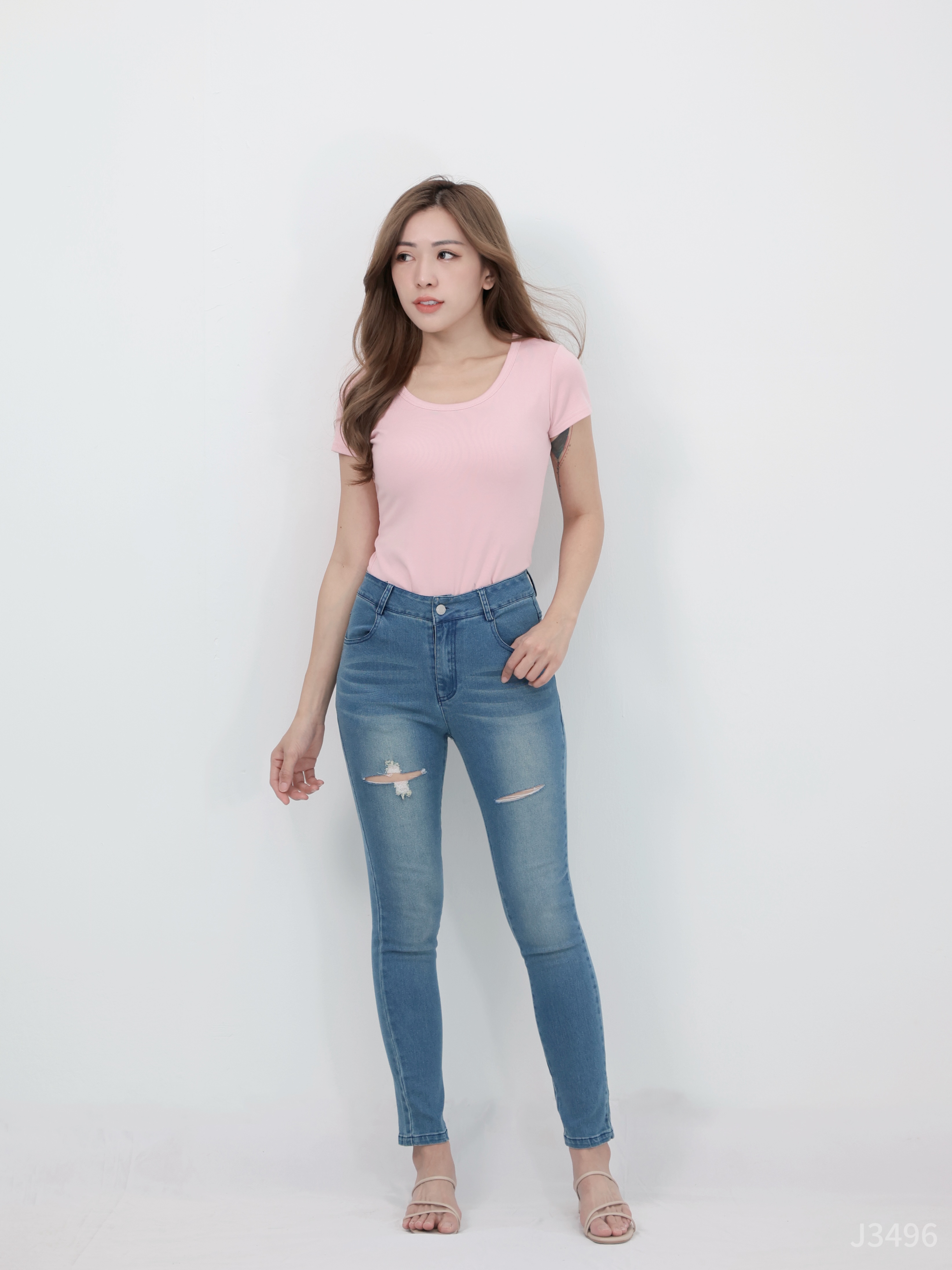 【LBP独家】美式修身破洞牛仔长裤 (J3496)