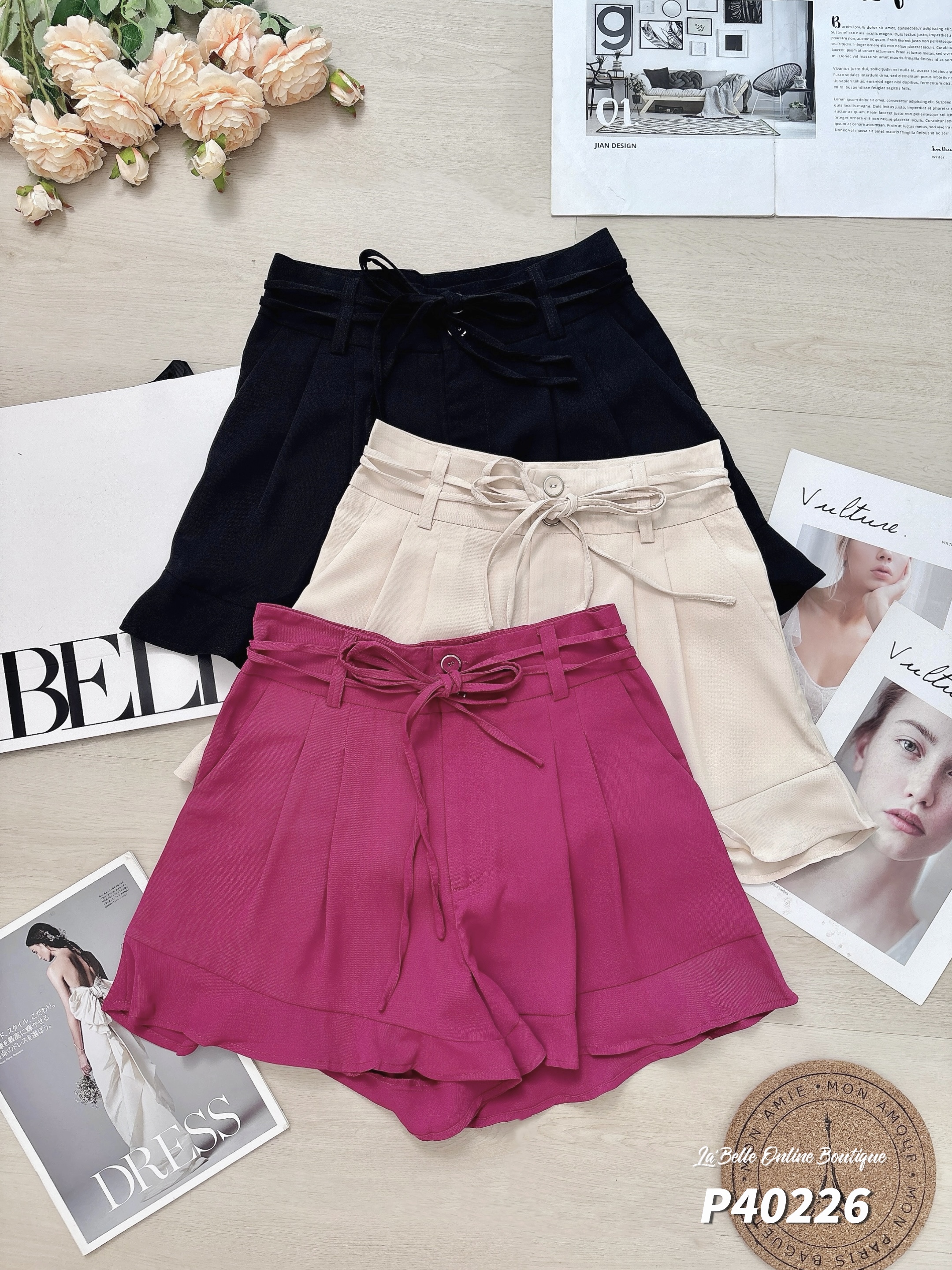 时尚系带设计荷叶边阔腿高腰短裤 (P40226)