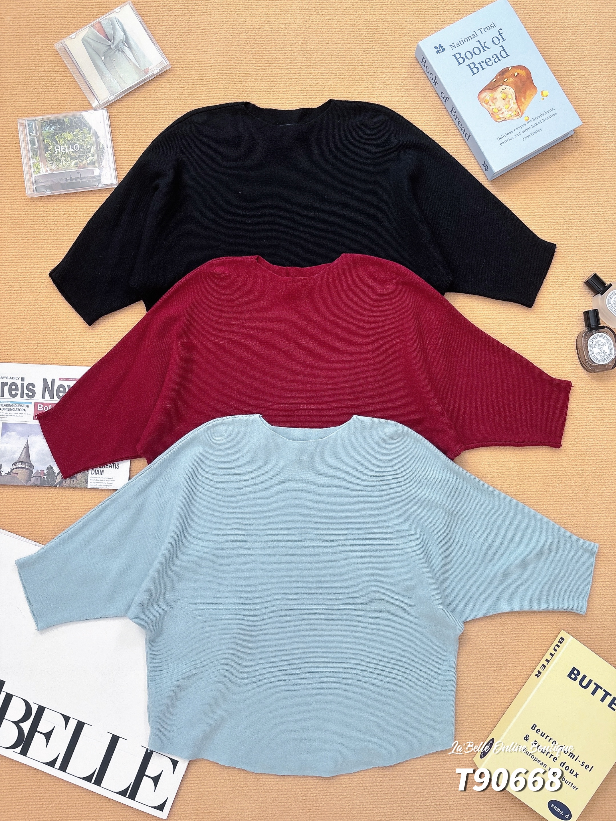 慵懒风宽松圆领中长袖上衣 (T90668)