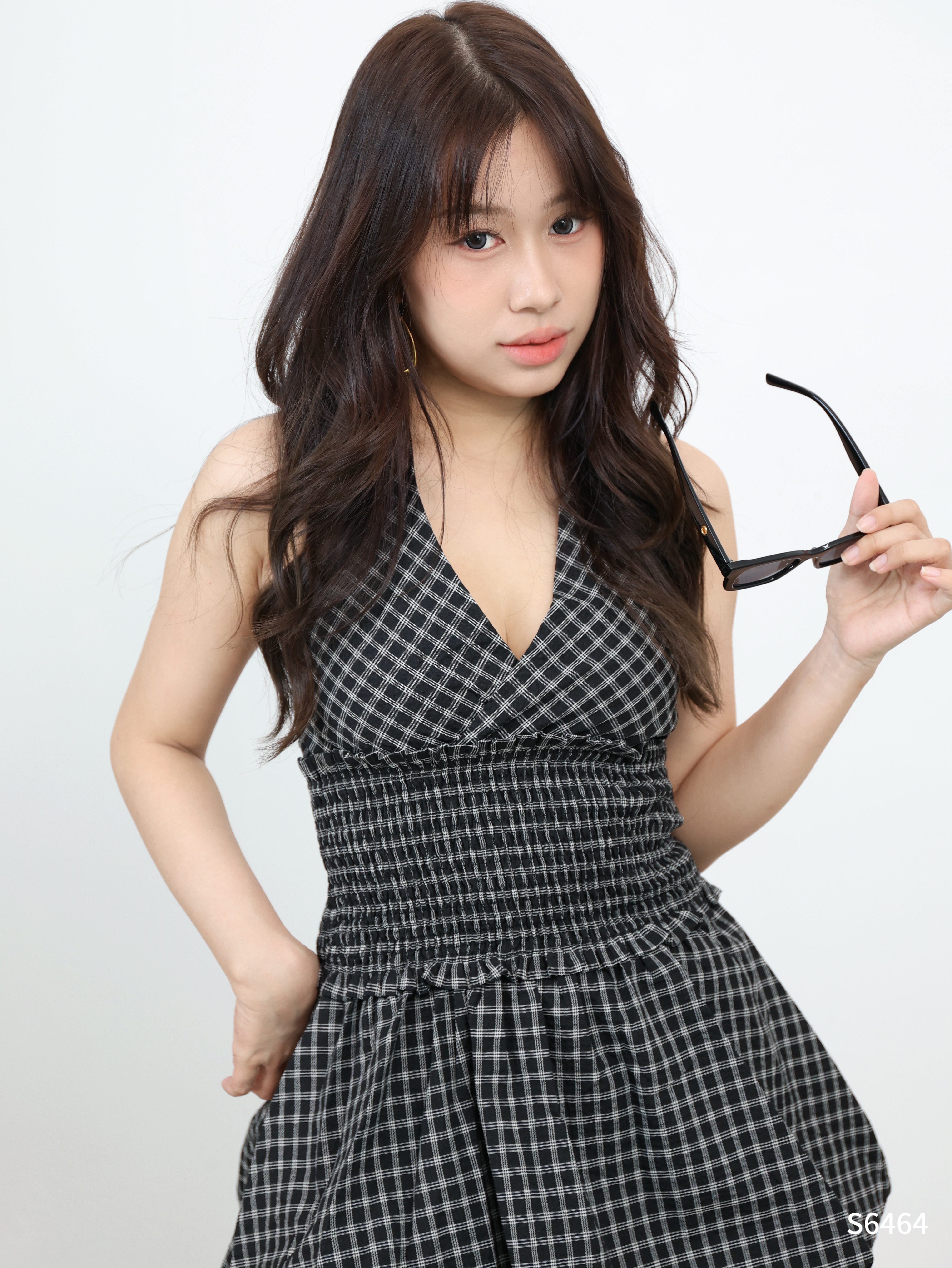 法式格子花苞挂脖V领连身裙 (S6464)