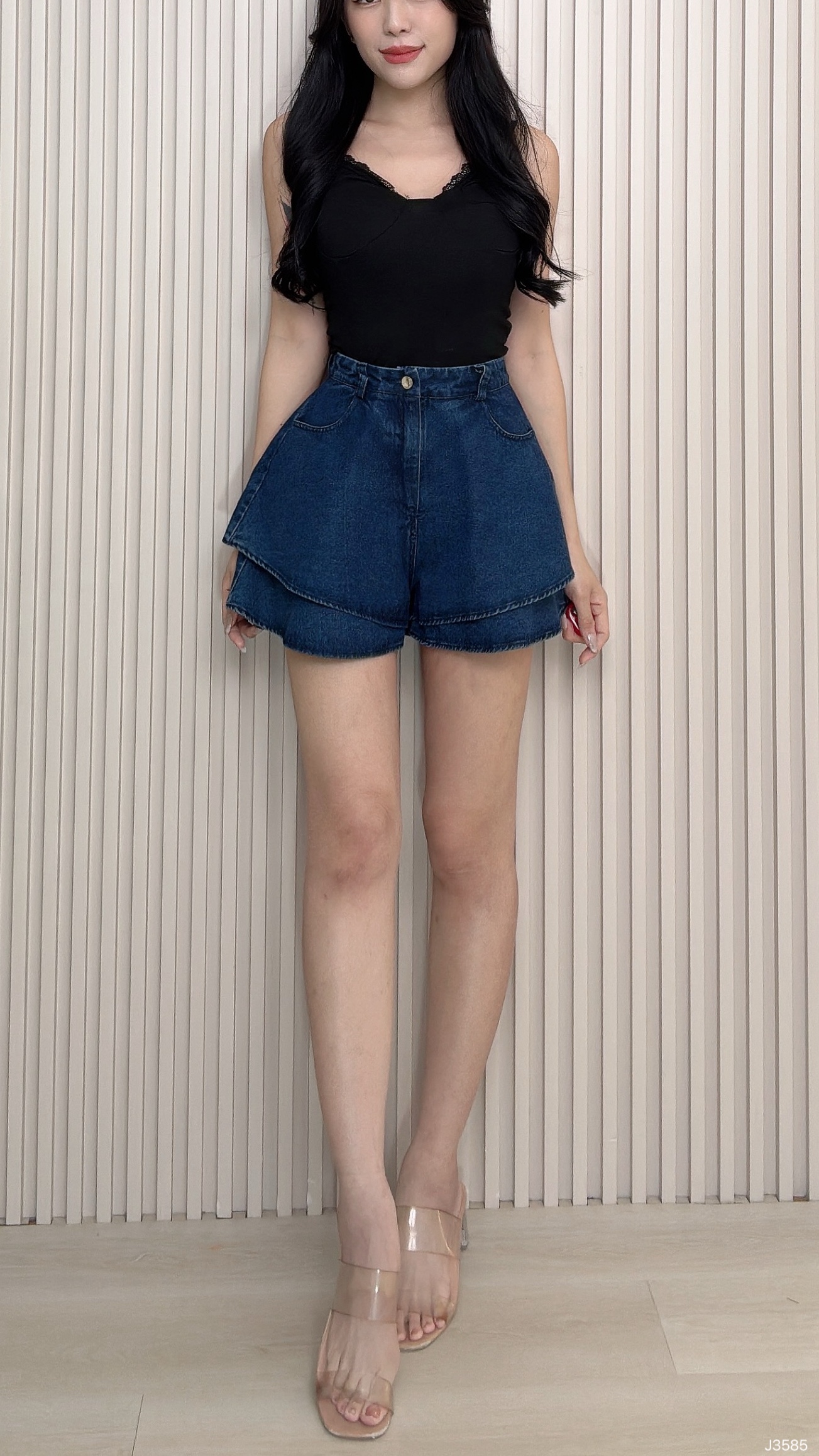 百搭假两件荷叶边阔腿高腰短裤 (J3585)