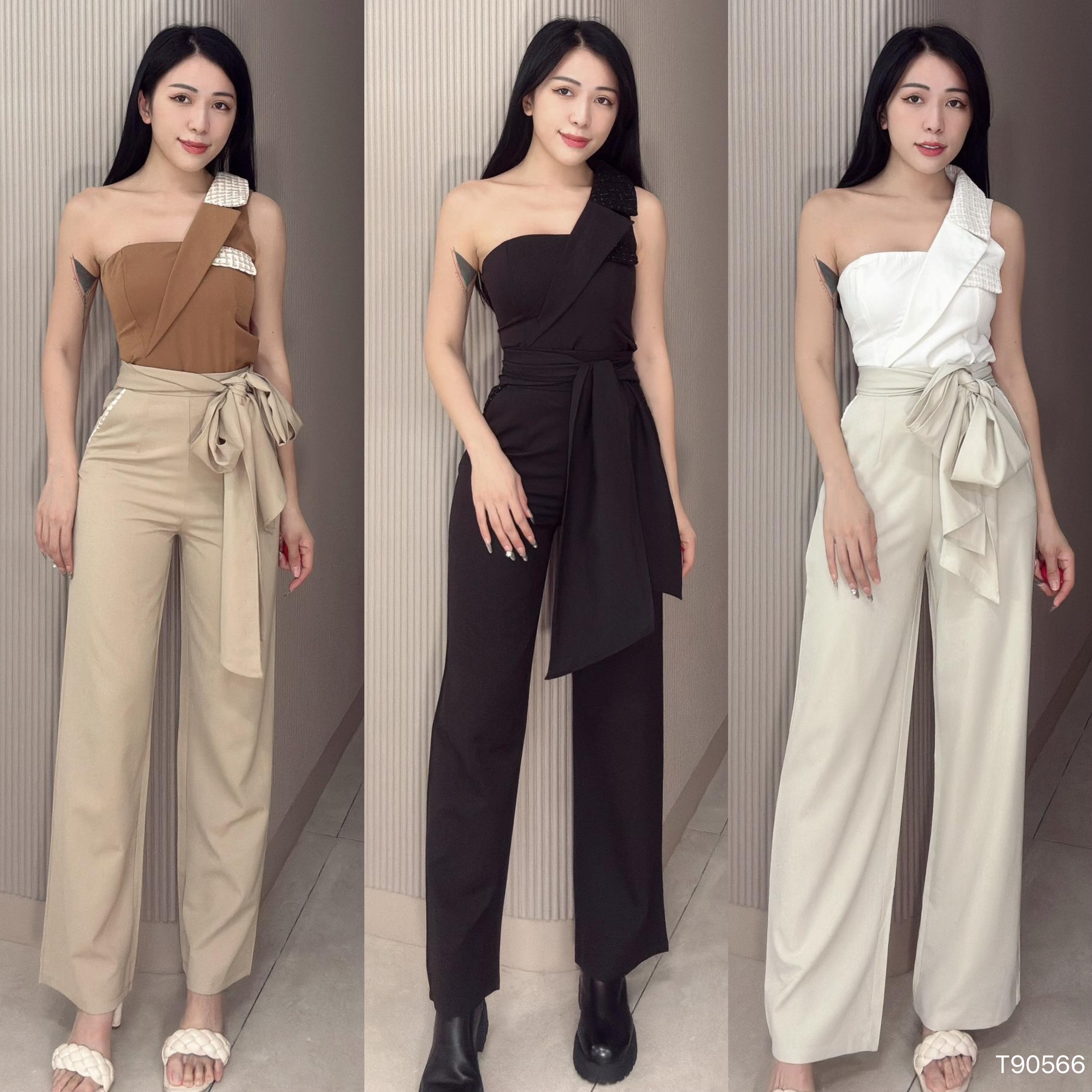 【LATTE NOON】酷帅撞色西装领削肩设计上衣 (T90566)