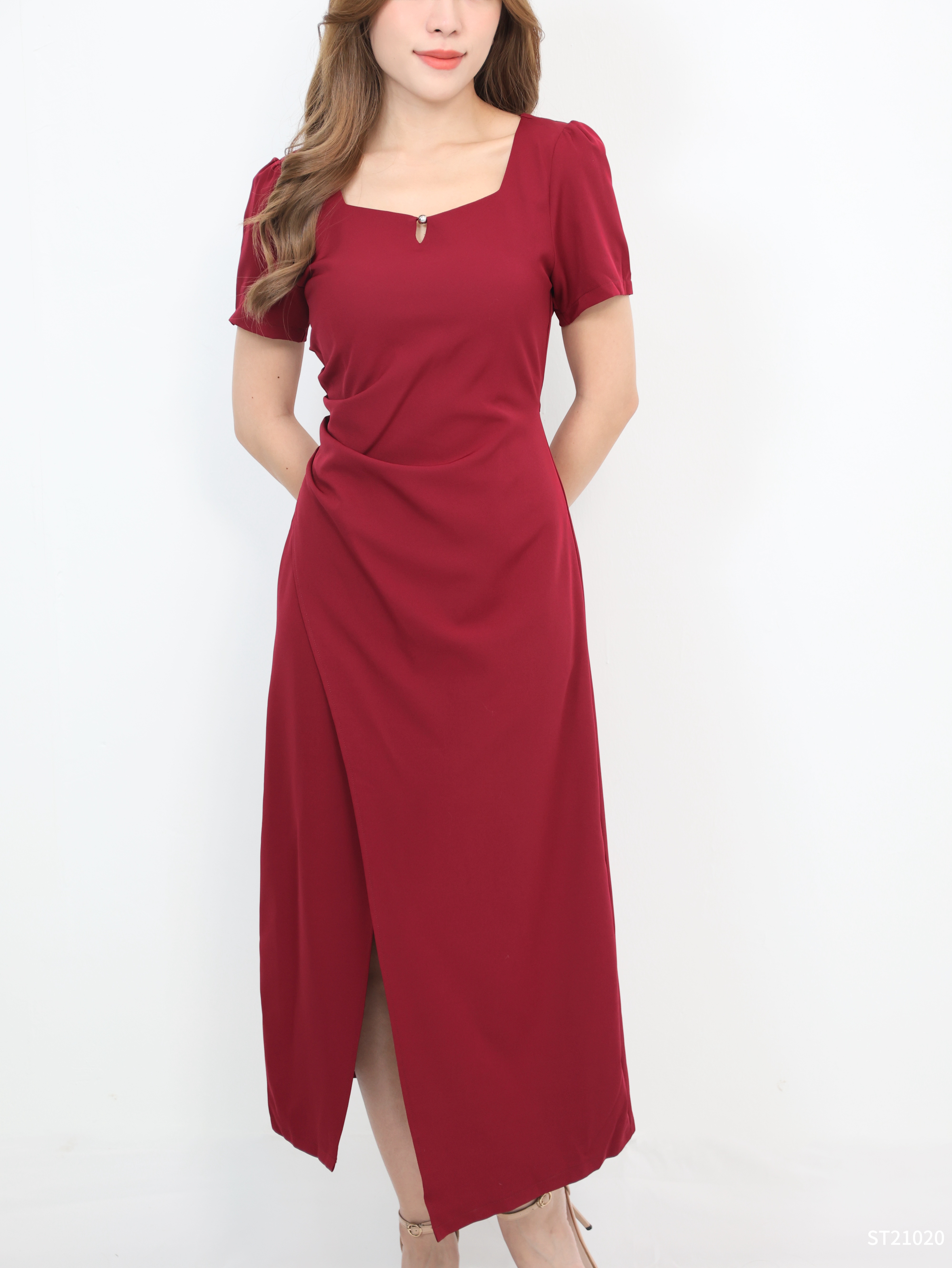 法式方领开叉设计连身裙 (ST21020)  - 特价 【不接受更换】-La'Belle Fashion Boutique Sdn Bhd