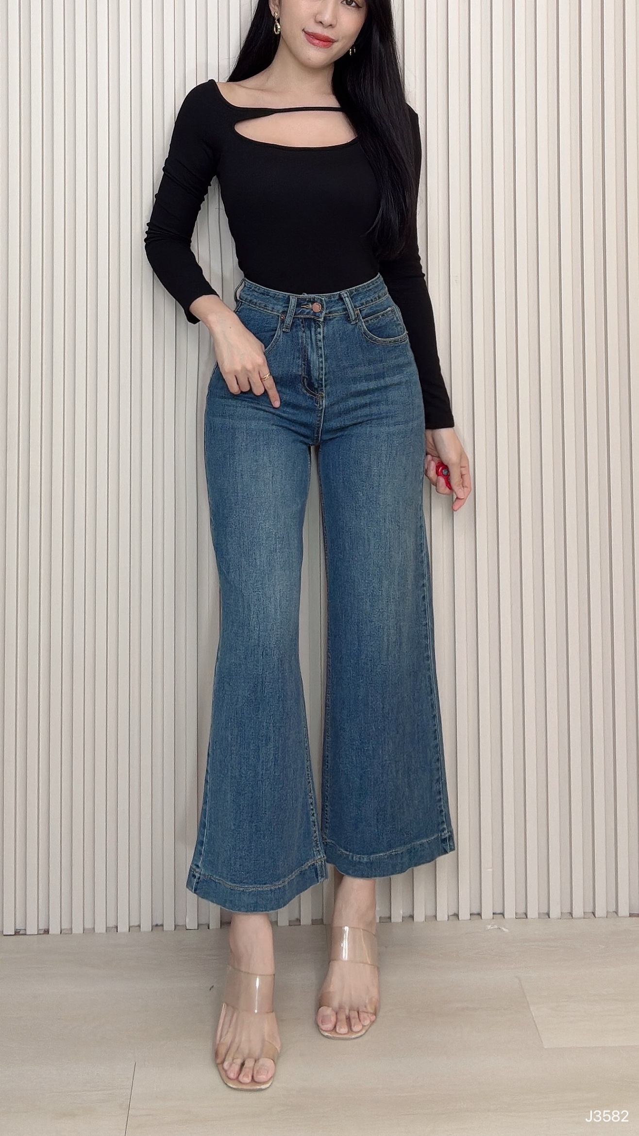 时尚百搭直筒阔腿高腰长裤 (J3582)