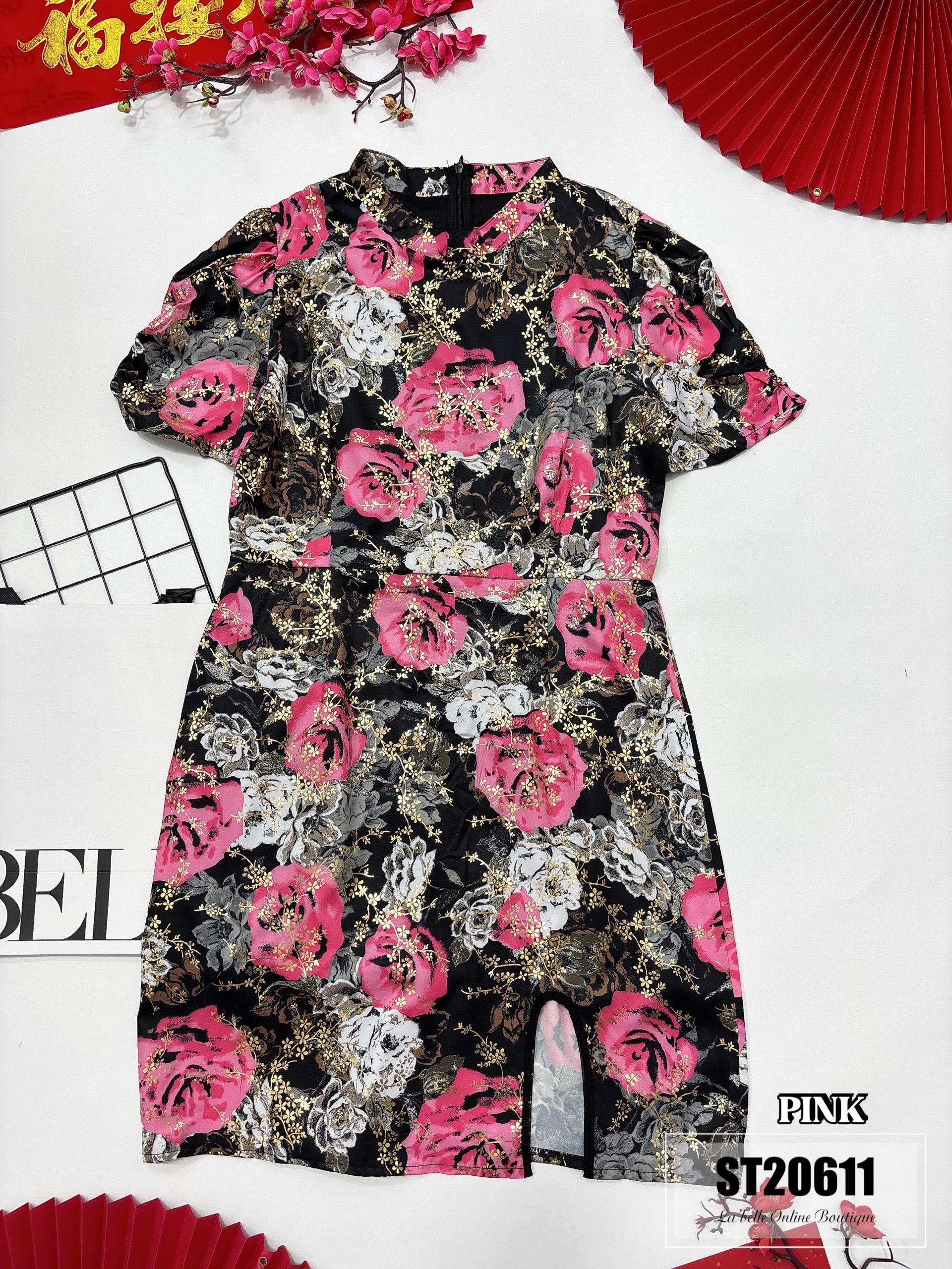 【LBP独家】复古风印花开叉设计改良版旗袍连身裙（ST20611）