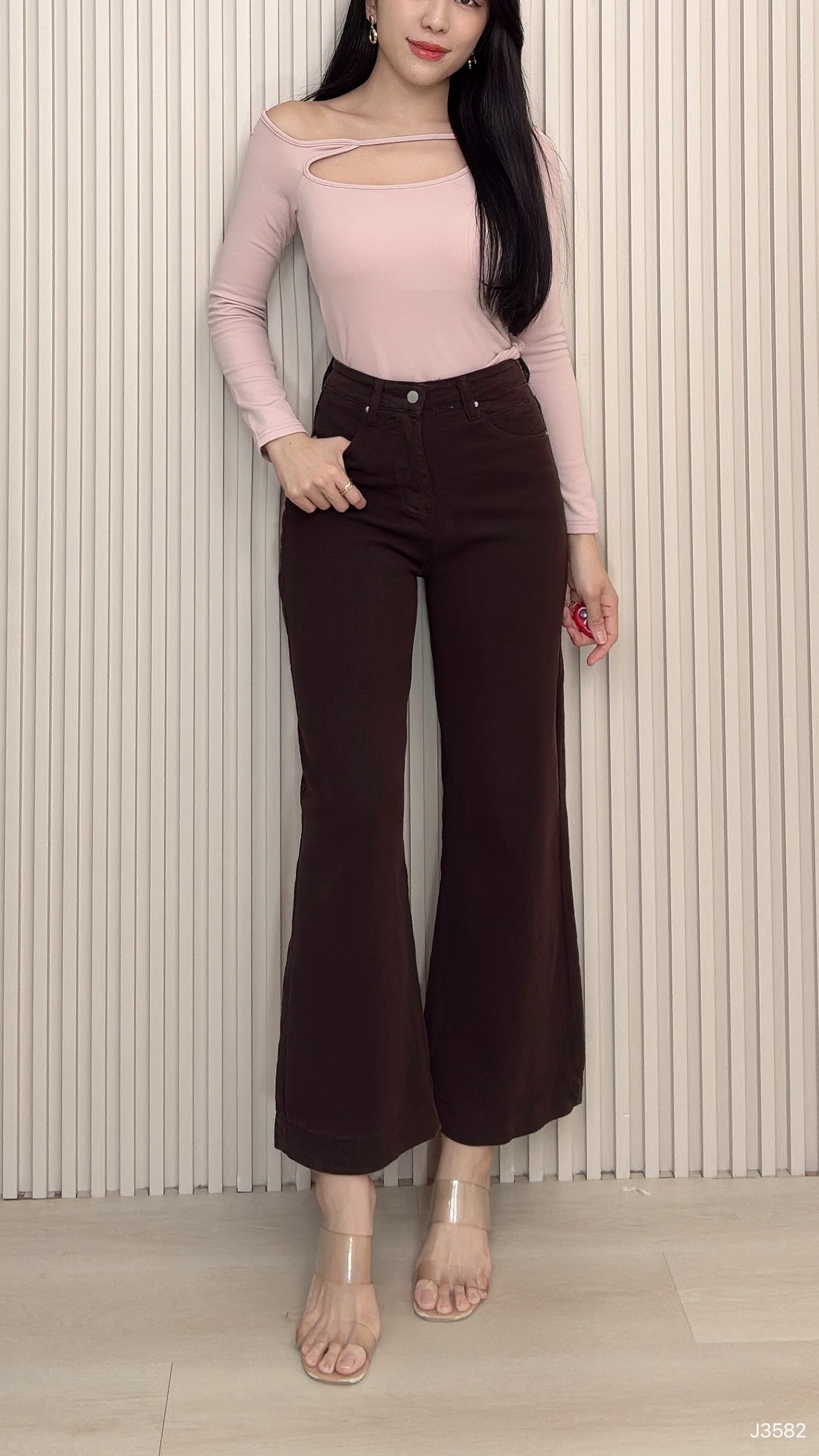 时尚百搭直筒阔腿高腰长裤 (J3582)