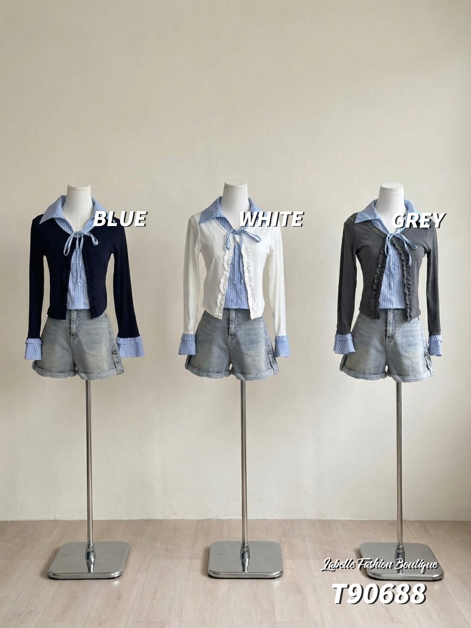 学院风假两件条纹撞色设计喇叭袖上衣 (T90688)