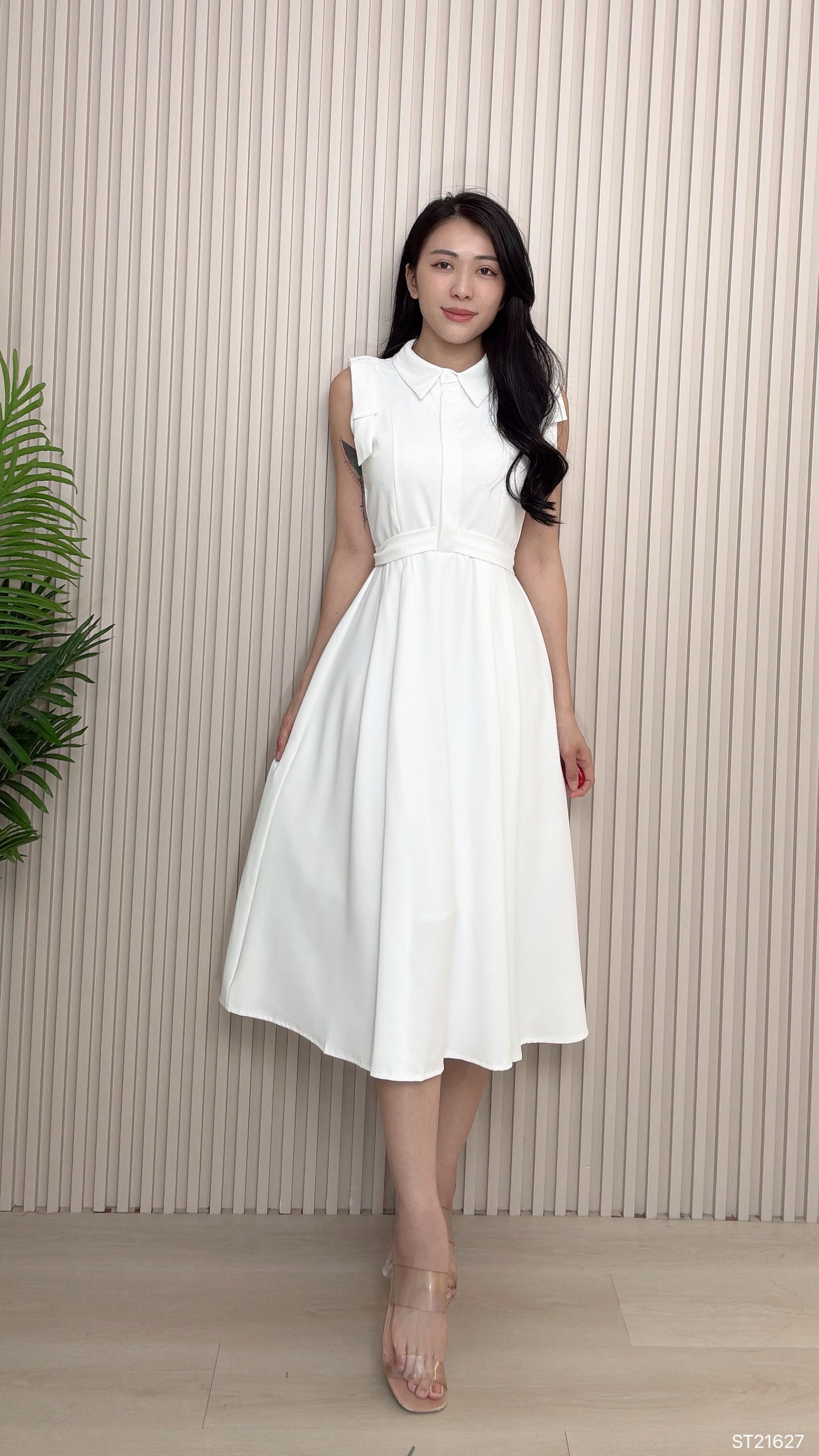 气质A字裙摆系带设计连身裙 (ST21627)