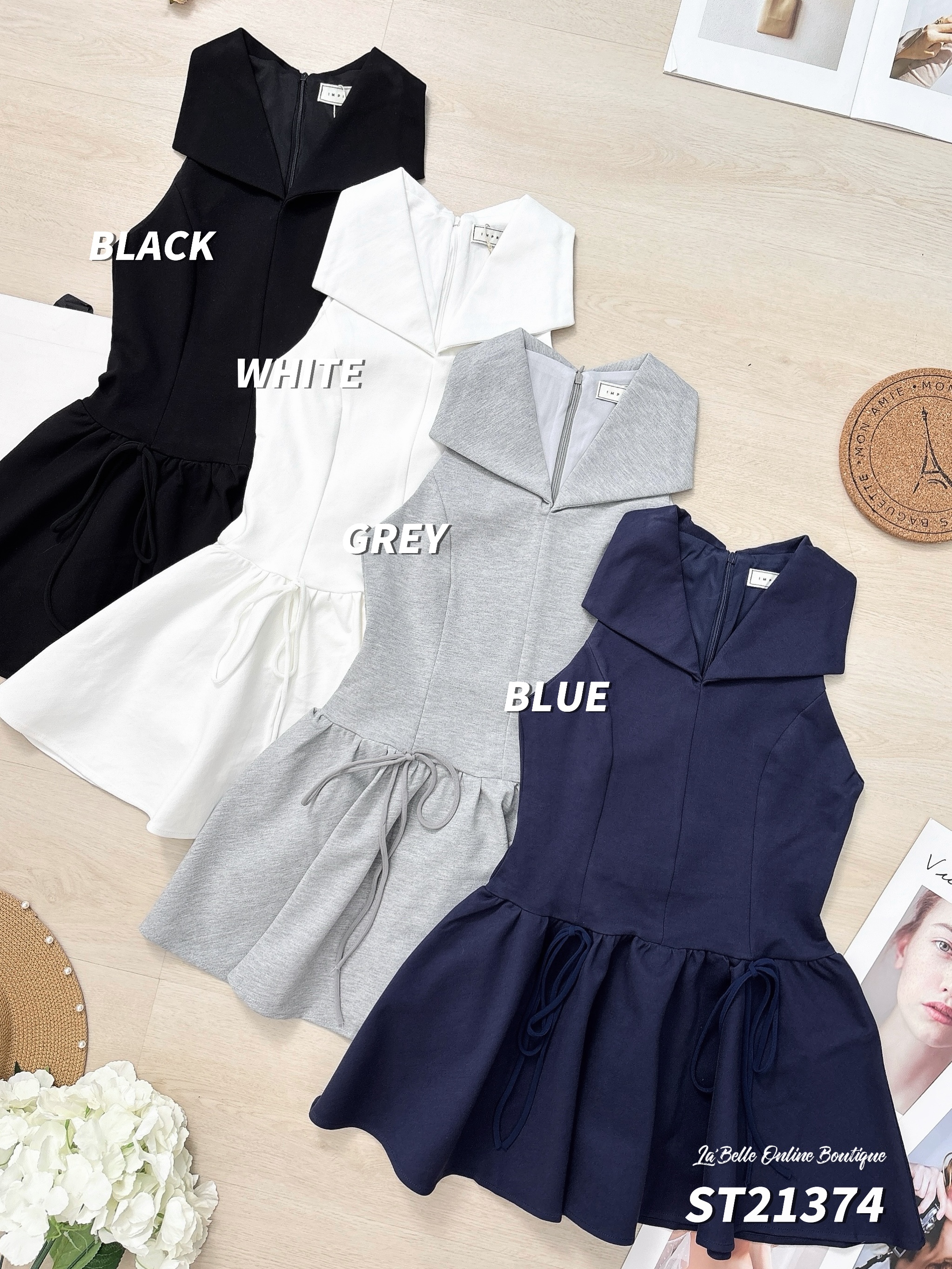 简约翻领蝴蝶结系带设计伞状连身裤裙 (ST21374)