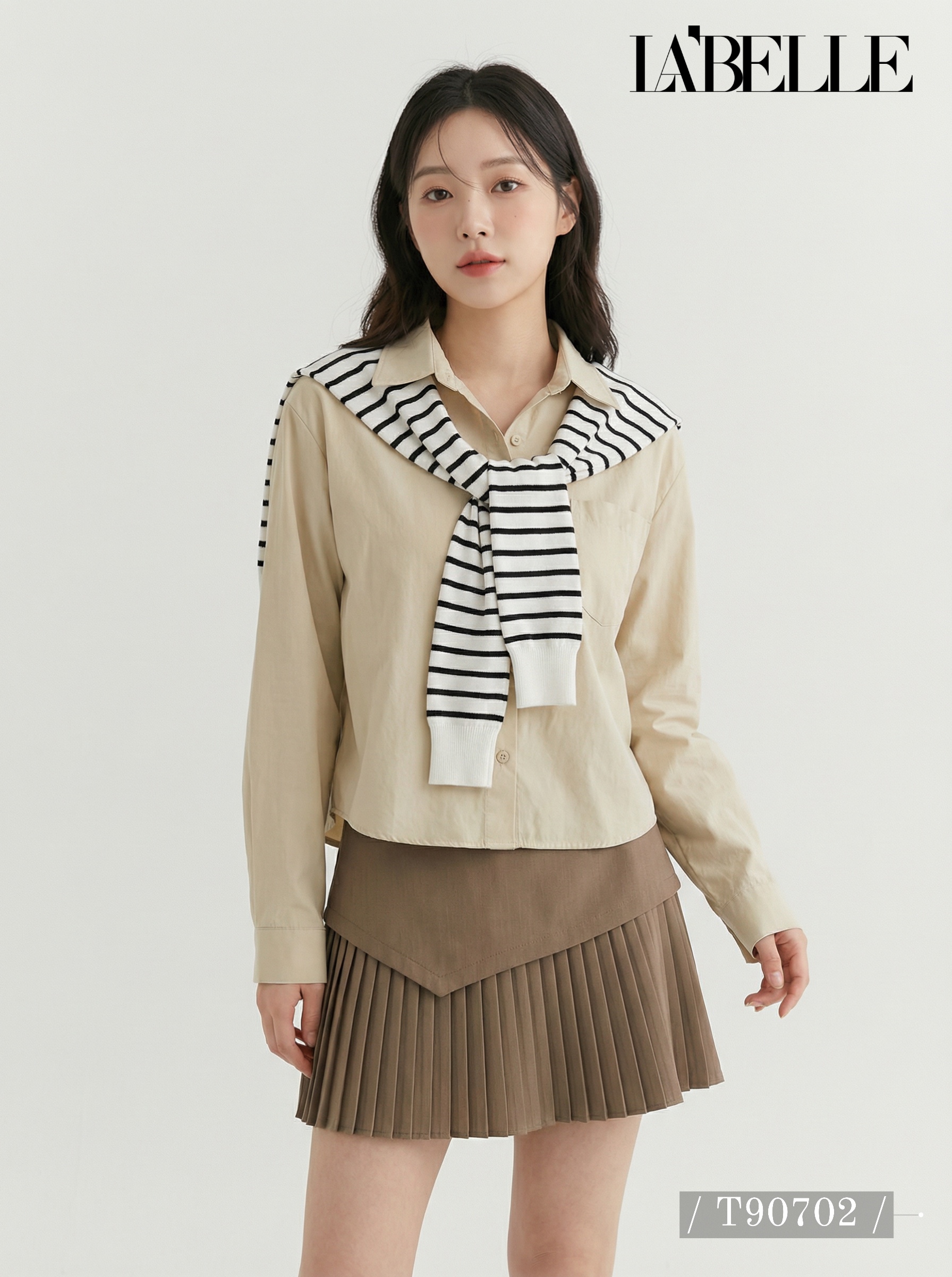 学院风叠穿撞色设计长袖上衣 (T90702)