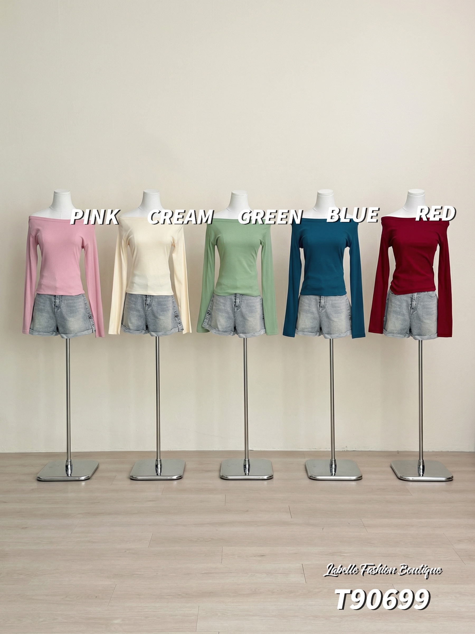 纯欲一字肩露锁骨长袖上衣 (T90699)