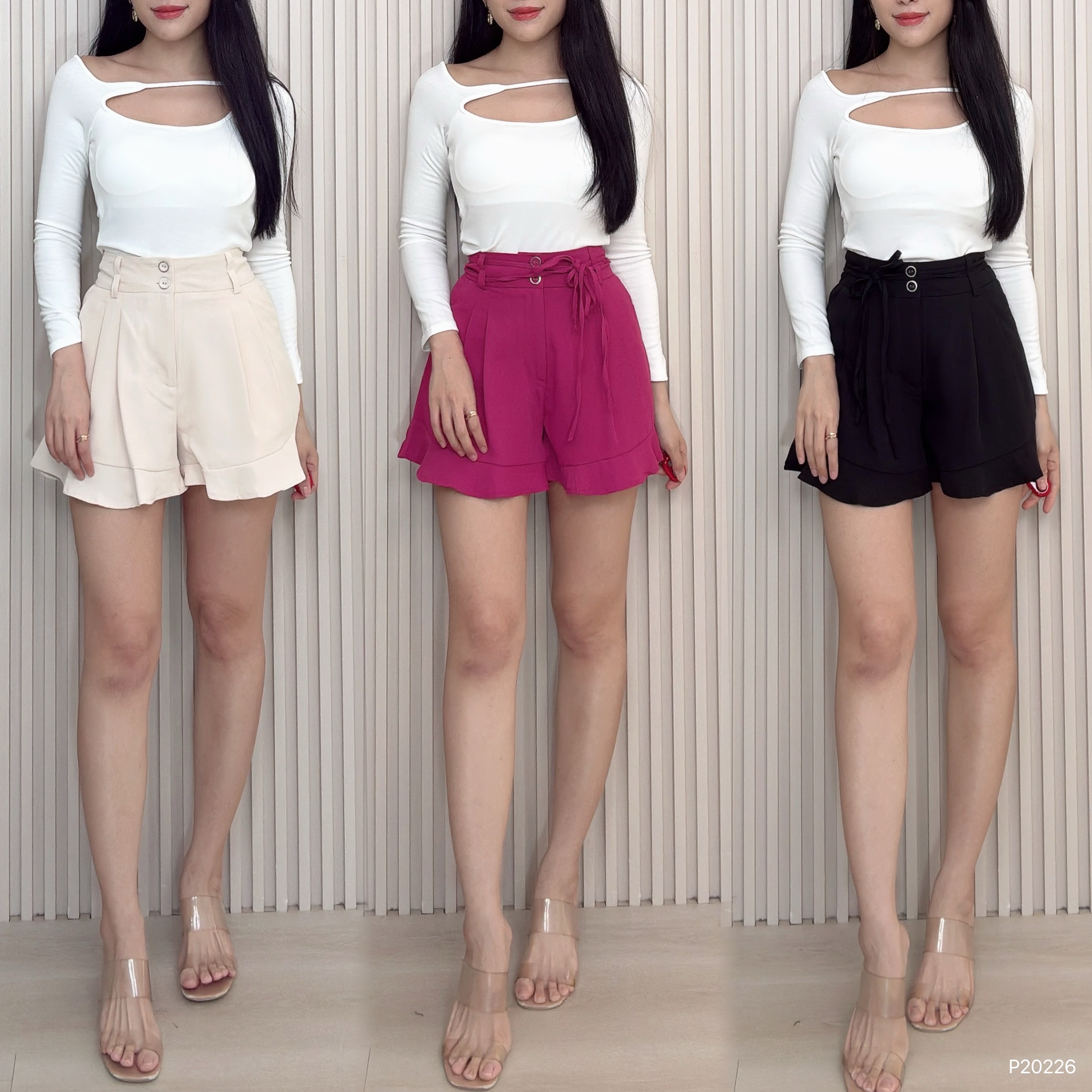 时尚系带设计荷叶边阔腿高腰短裤 (P40226)