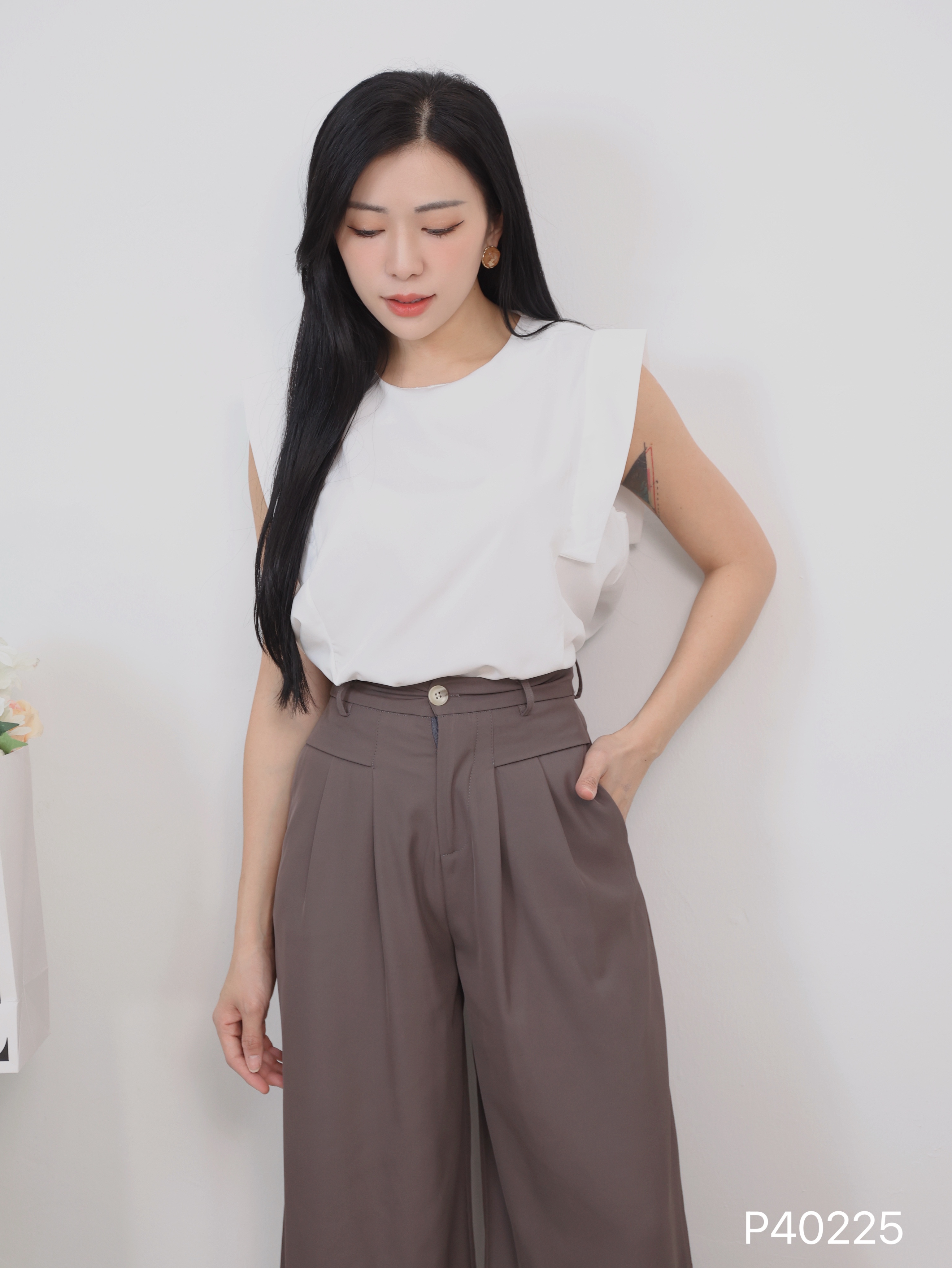 OL风压褶设计阔腿高腰长裤 (P40225)