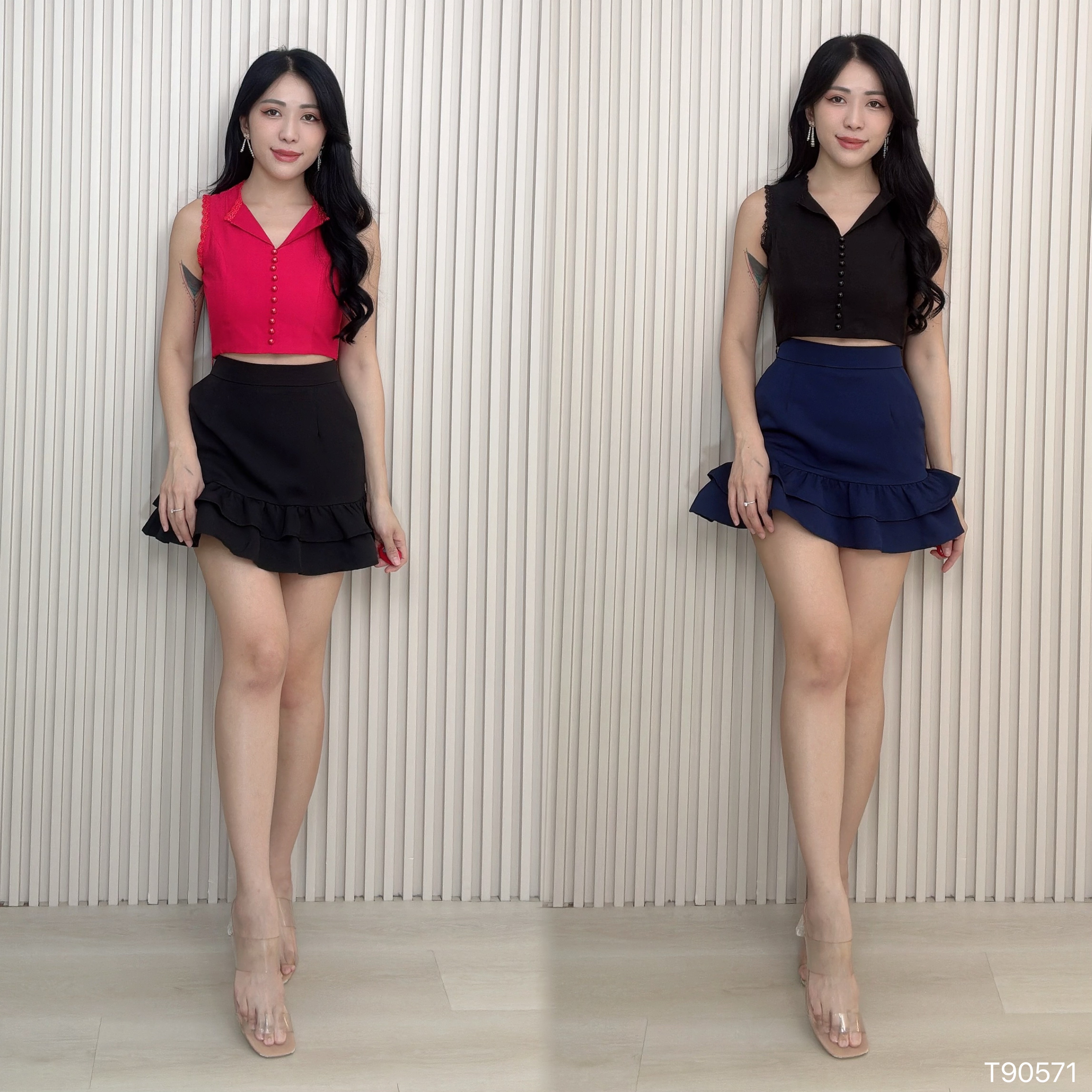 时尚蕾丝拼接设计V领无袖上衣 (T90571)