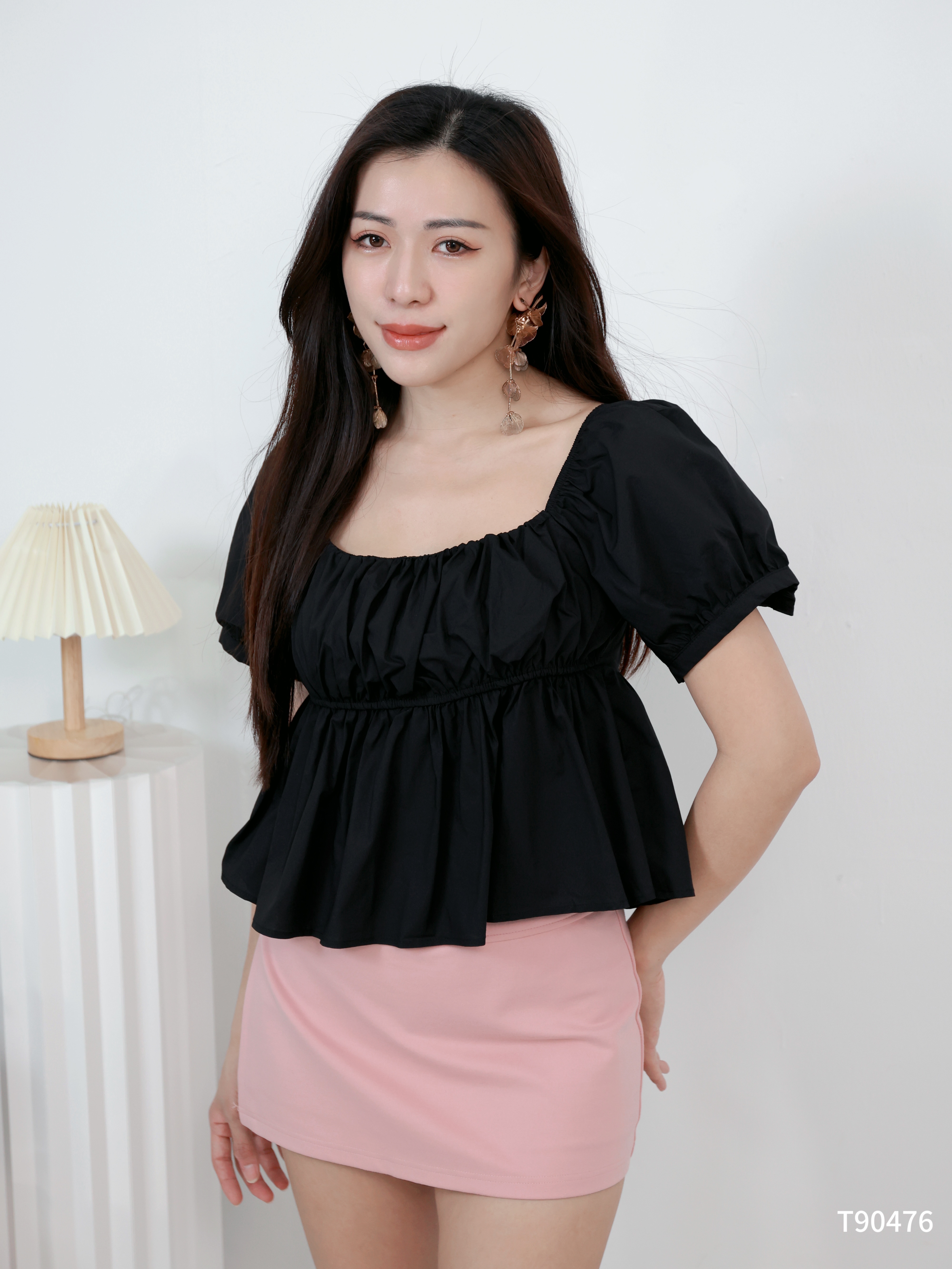 甜美褶皱两穿设计泡泡袖上衣 (T90476)