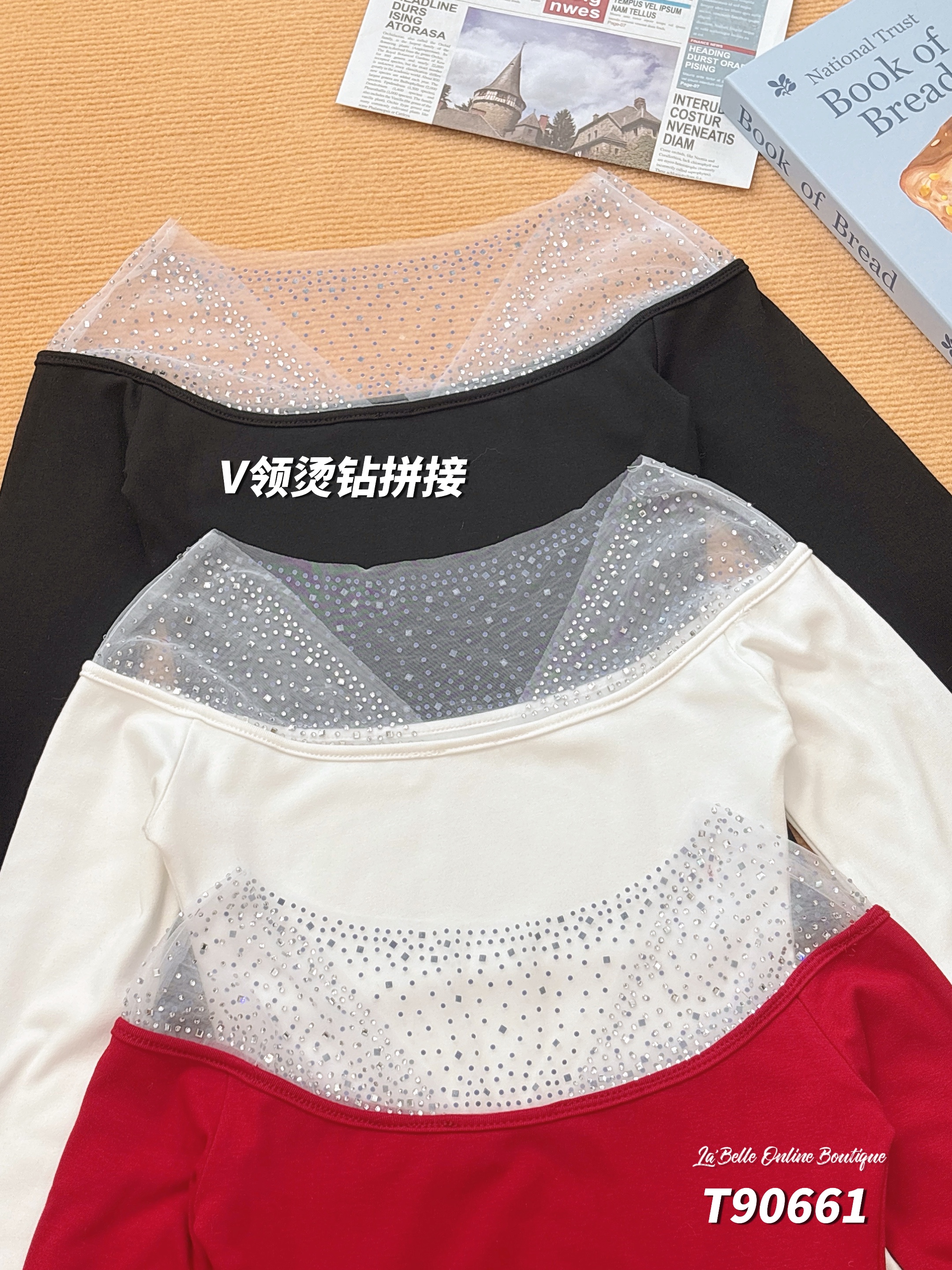 绝美V领烫钻拼接设计长袖上衣 (T90661)