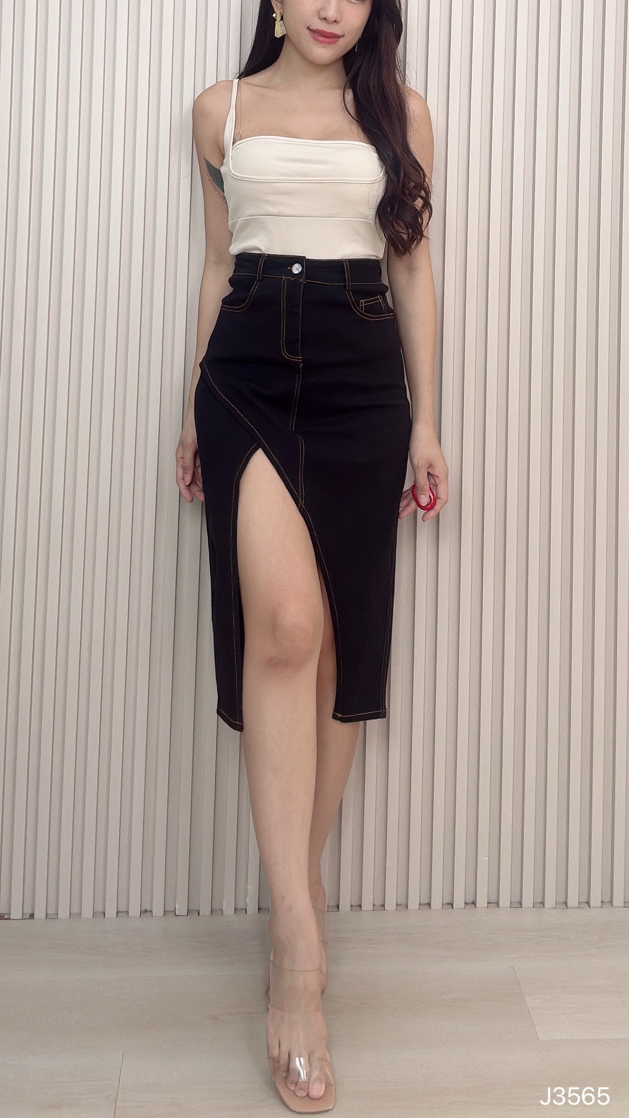 【LBP独家】时尚设计感牛仔高腰过膝裤裙 (J3565)