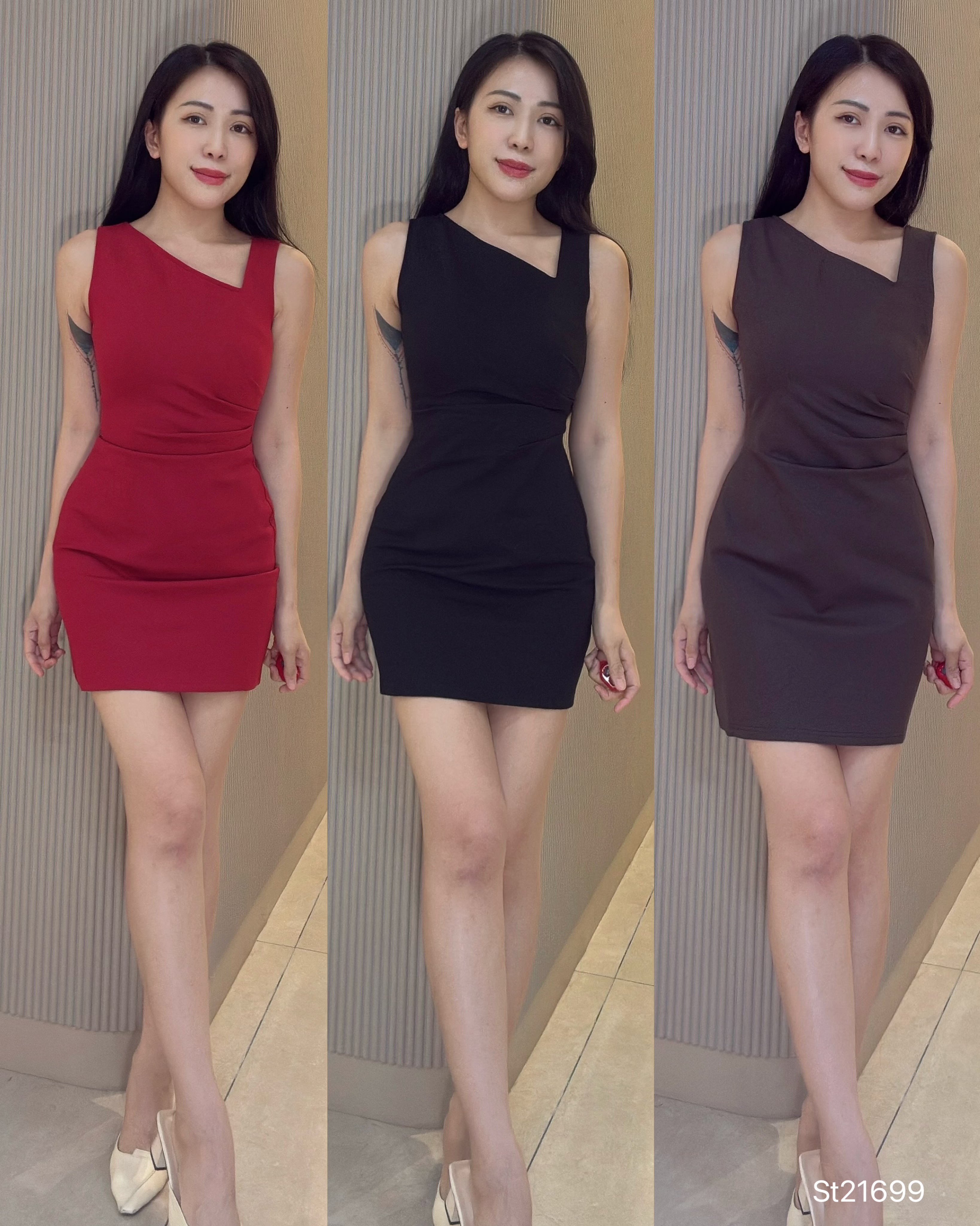 欧美小性感褶皱设计显瘦连身裙 (ST21699)
