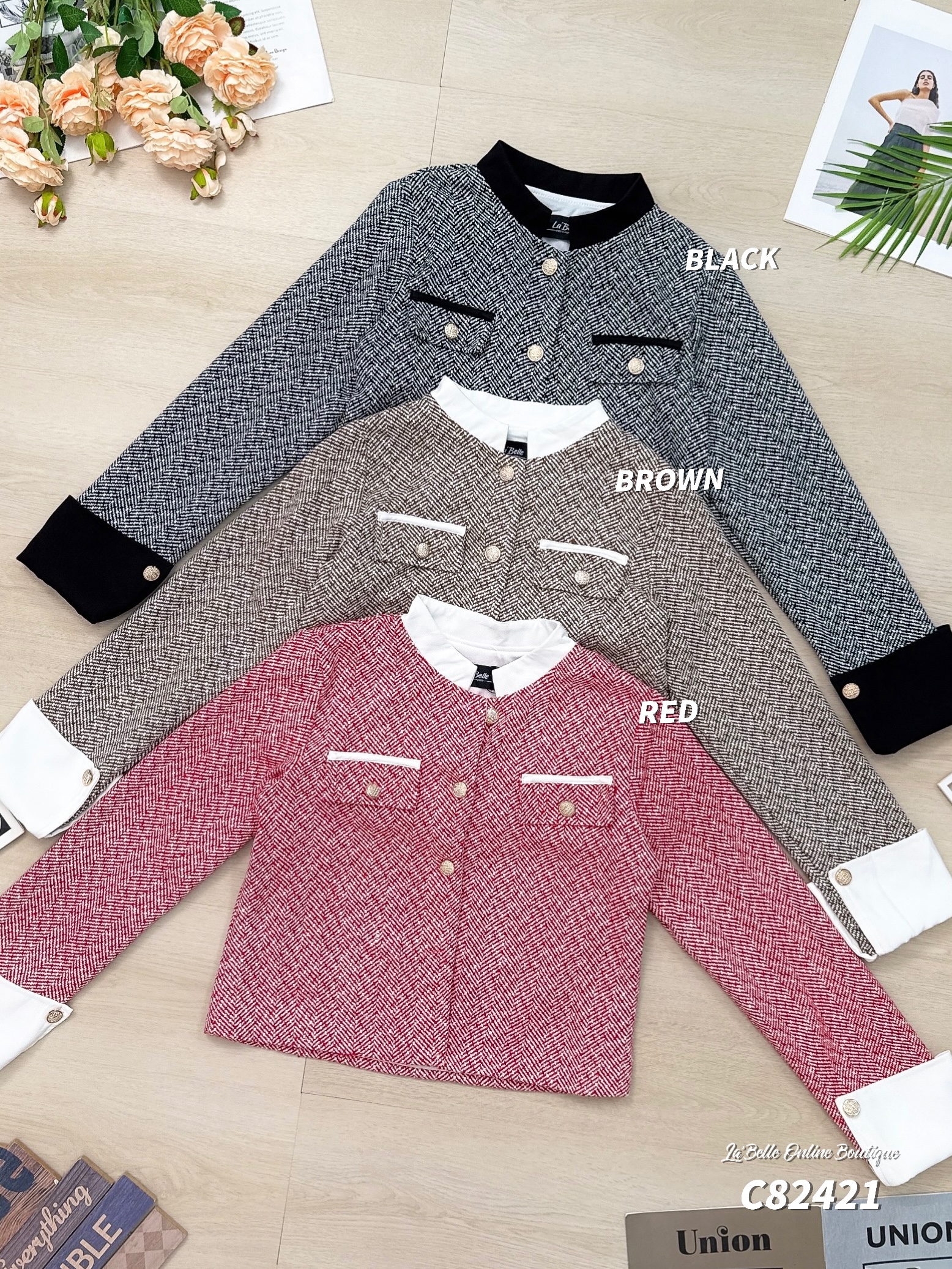 【LBP独家】小香风立领拼接长袖外套 (C82421)-La'Belle Fashion Boutique Sdn Bhd