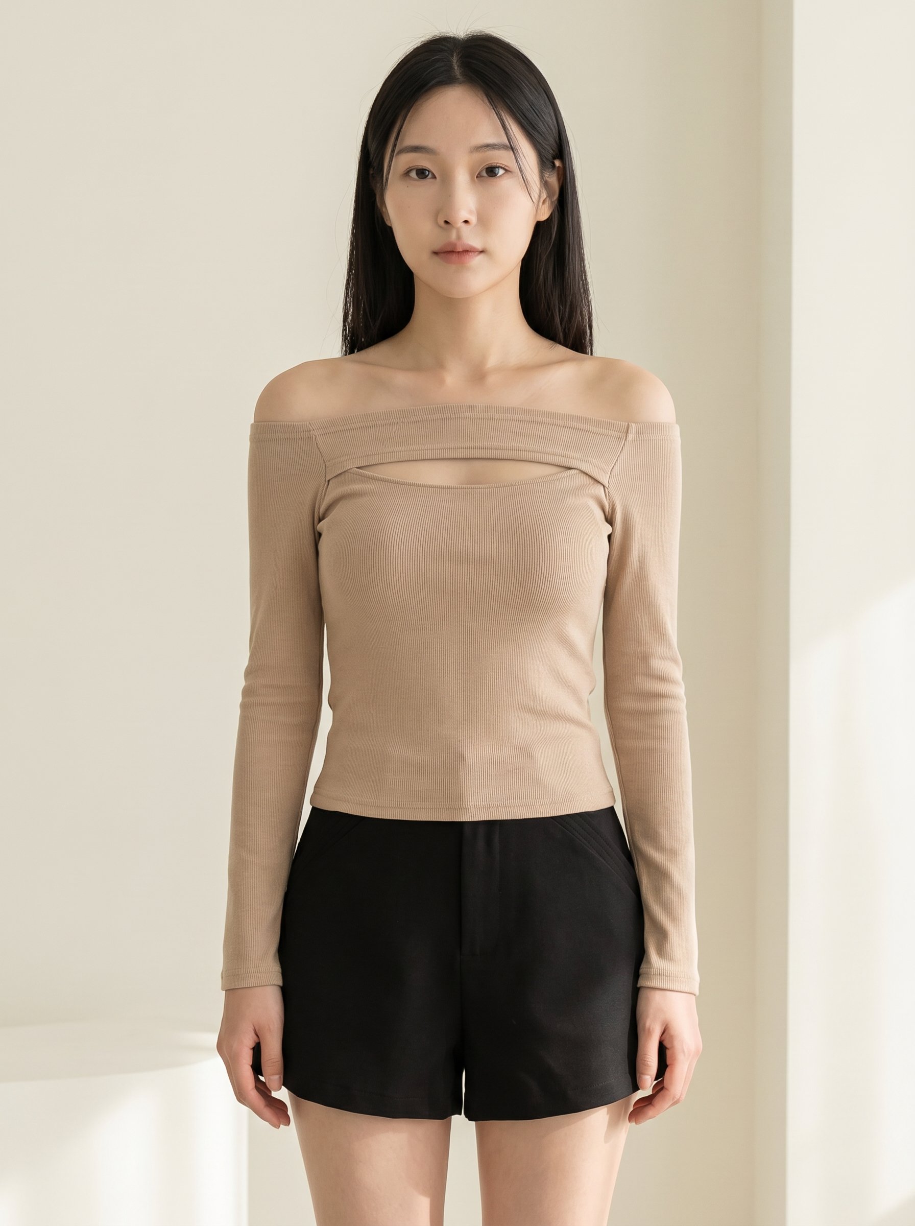 性感一字领镂空设计长袖上衣 (T90705)