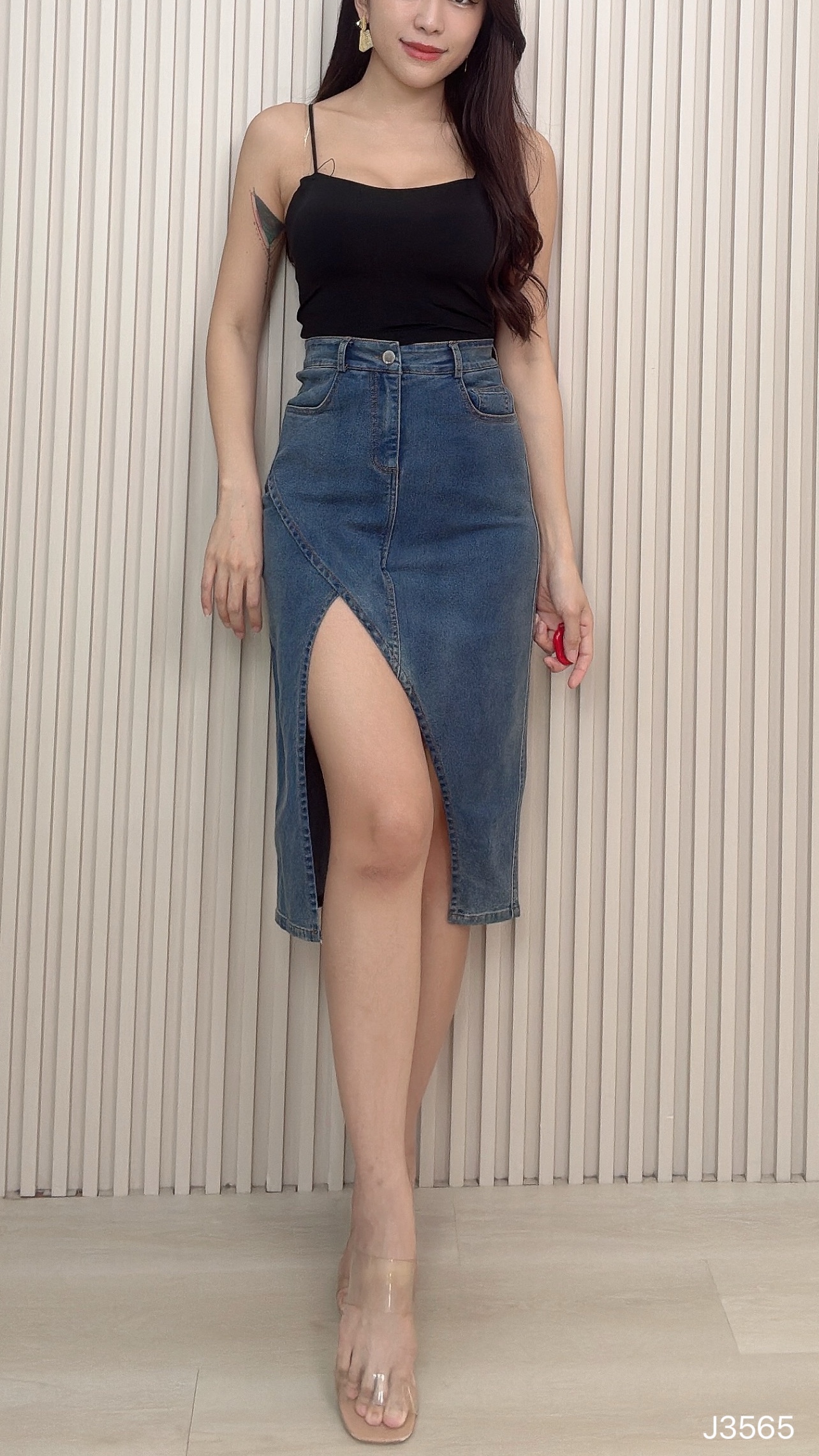 【LBP独家】时尚设计感牛仔高腰过膝裤裙 (J3565)