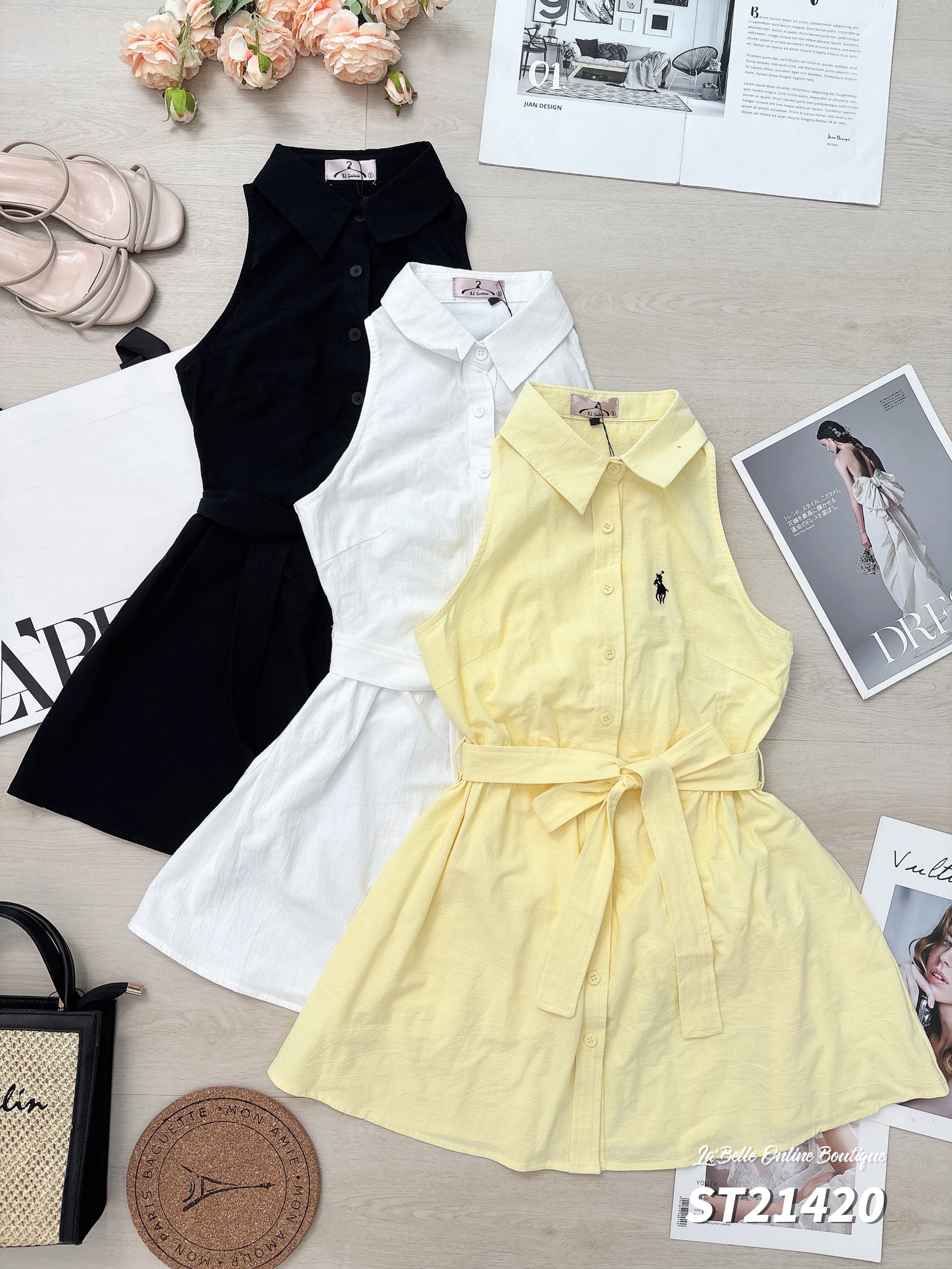 时尚Cut-in小马标设计翻领连身裙 (ST21420)