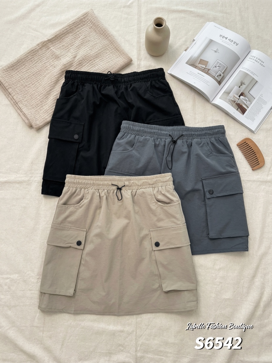 工装风松紧腰抽绳设计高腰短裙 (S6542)