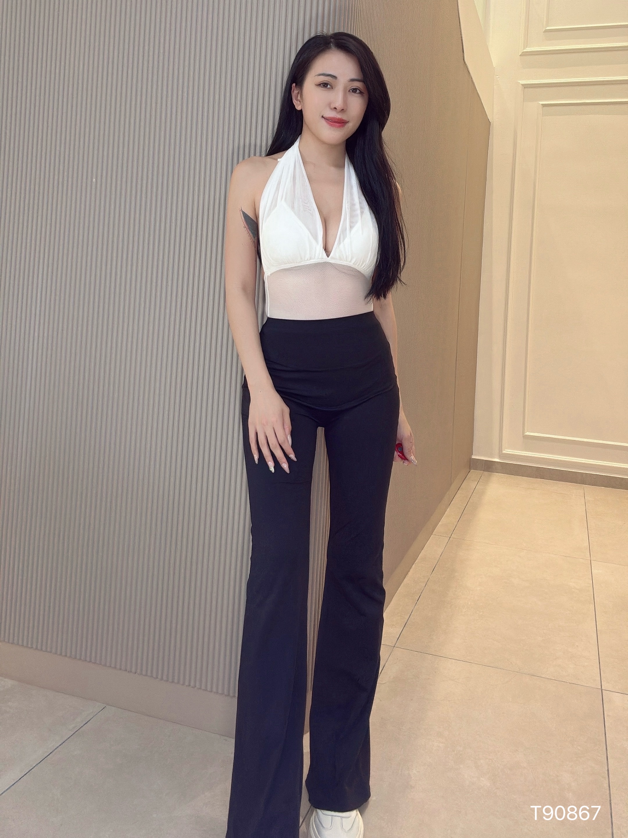 性感网纱挂脖系带美背上衣 (T90867)